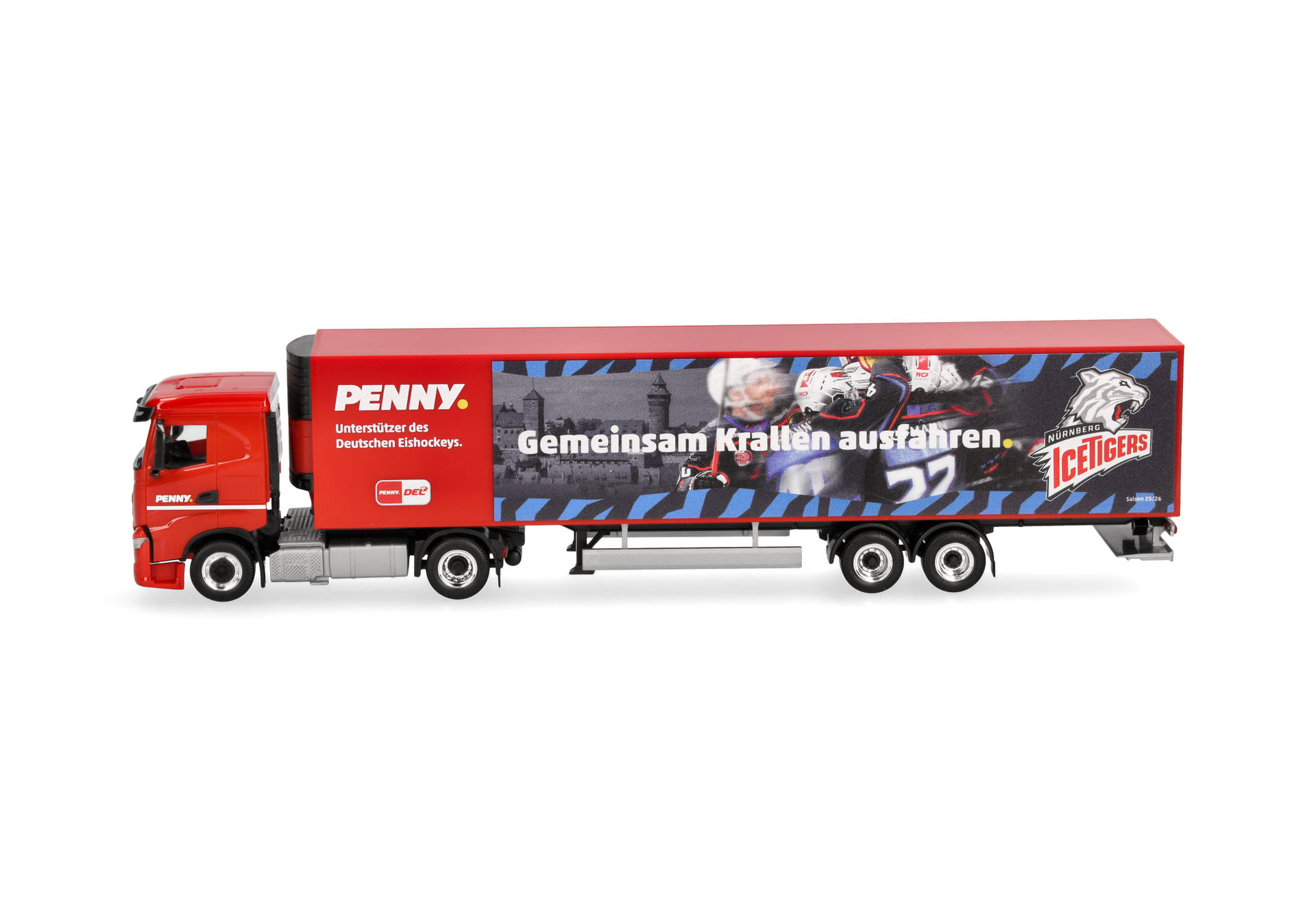truck, trailer, red, graphic, ice tigers