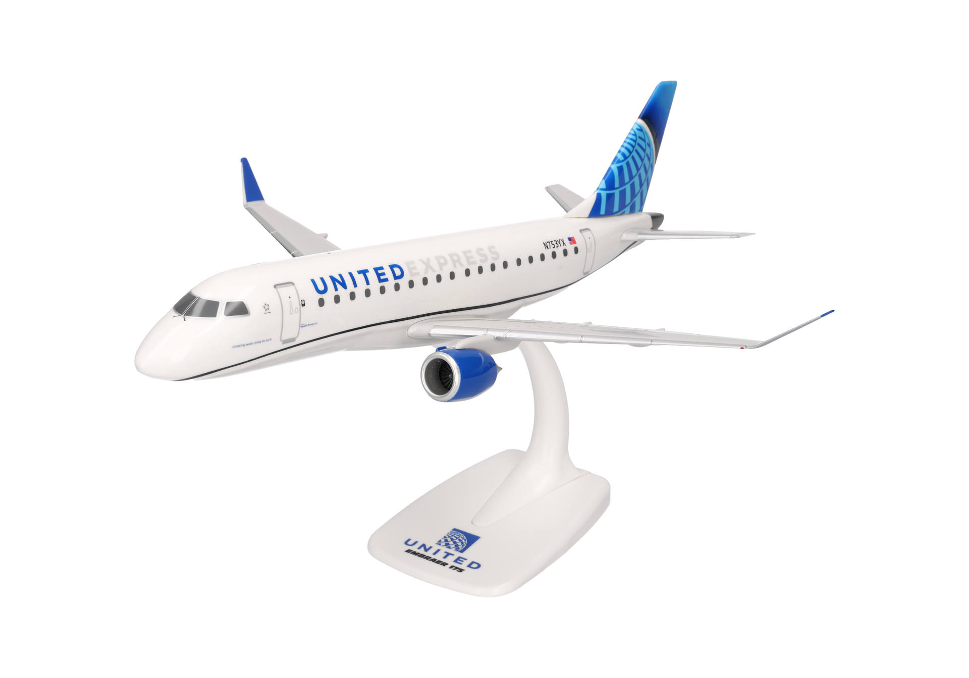 airliner model, airplane, miniature, display stand, white blue