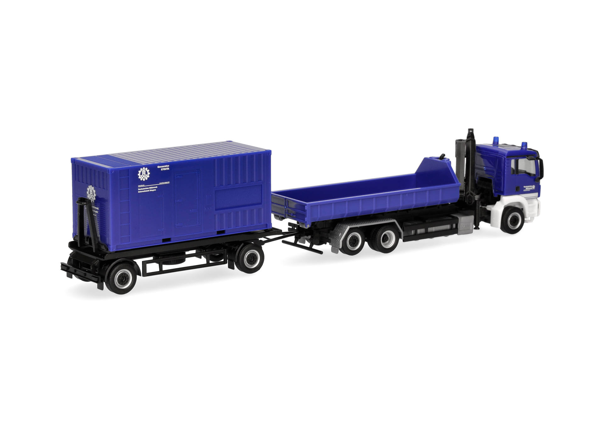 toy truck, flatbed trailer, blue container, truck trailer, model vehicle