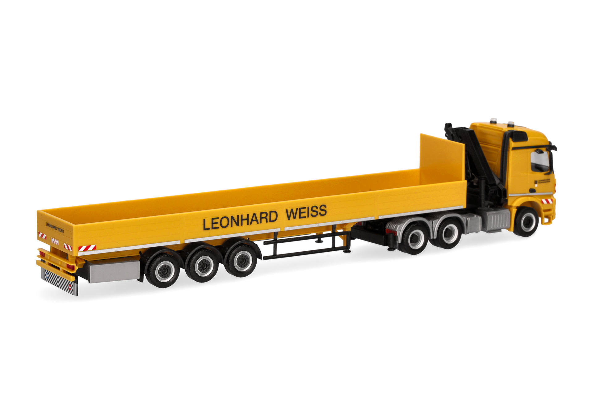 Mercedes Benz Arocs Streamspace (with crane) platform semitrailer truck "Leonhard Weiss"