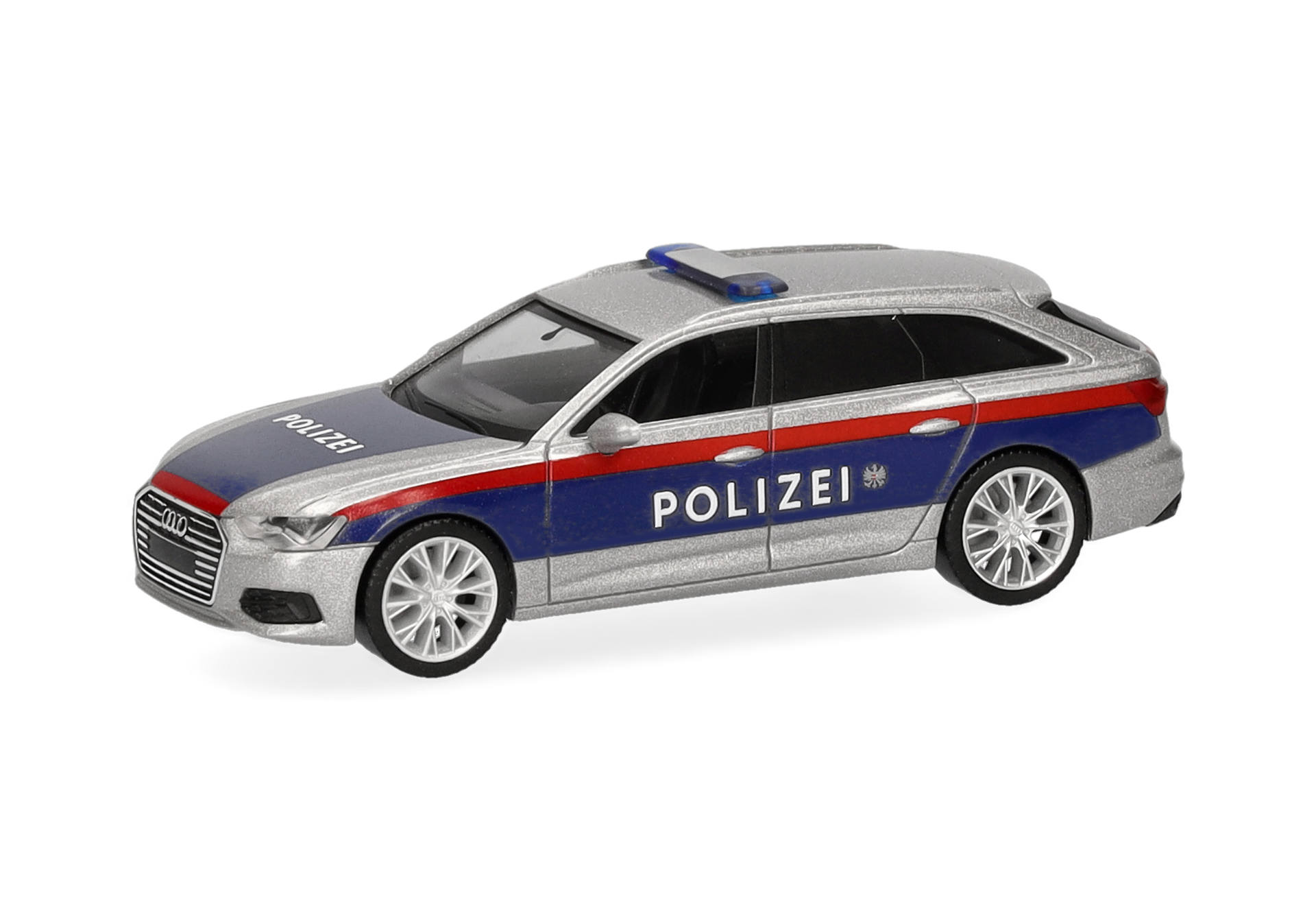 police car, toy car, model car, silver blue red, Audi style