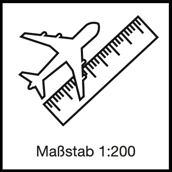 Vereinfachtes Icon eines Flugzeug und eines Lineals mit dem Schriftzug "Maßstab 1:200"