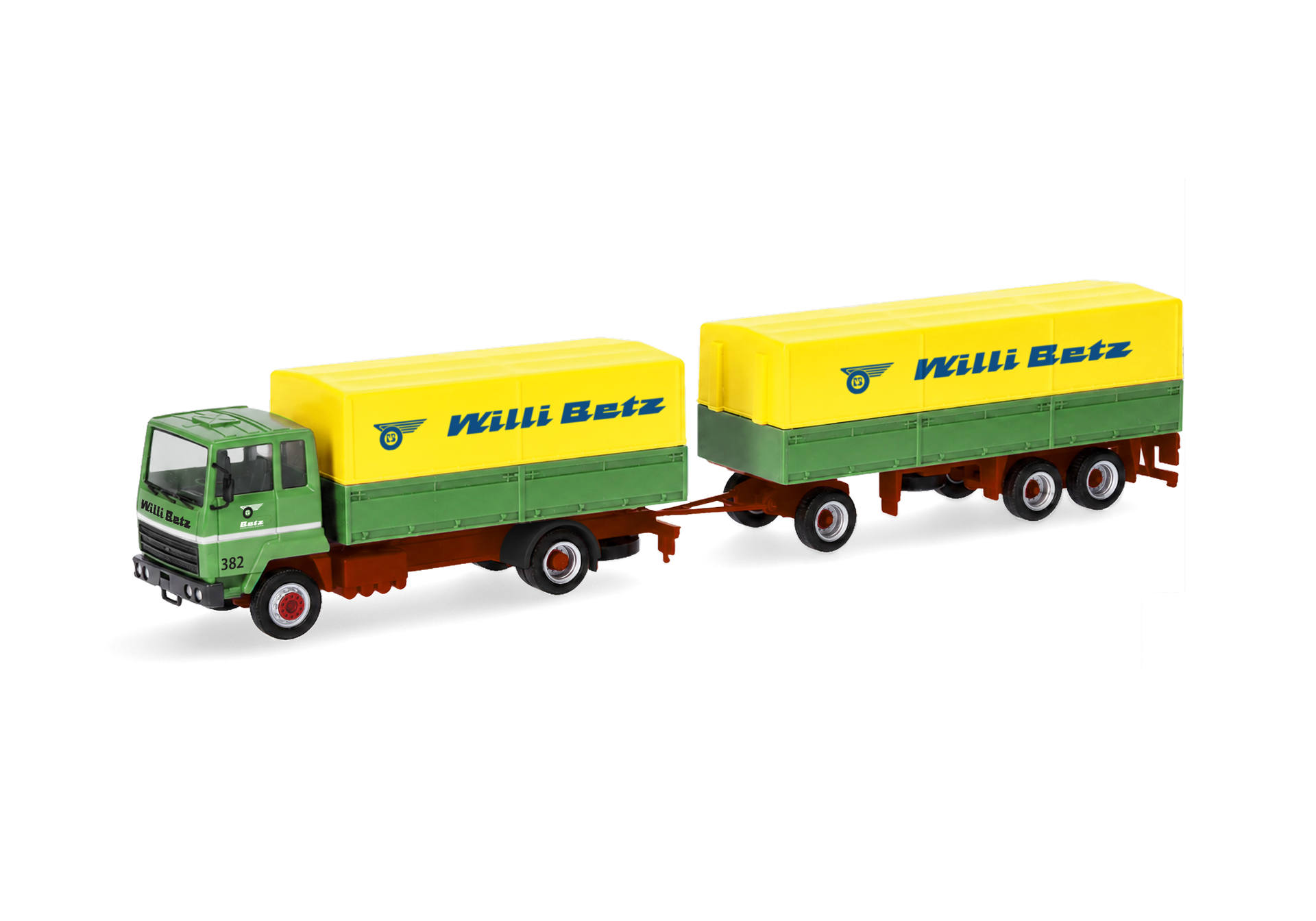 toy truck, model truck, flatbed trailer, yellow cargo, green tractor, WillI Betz