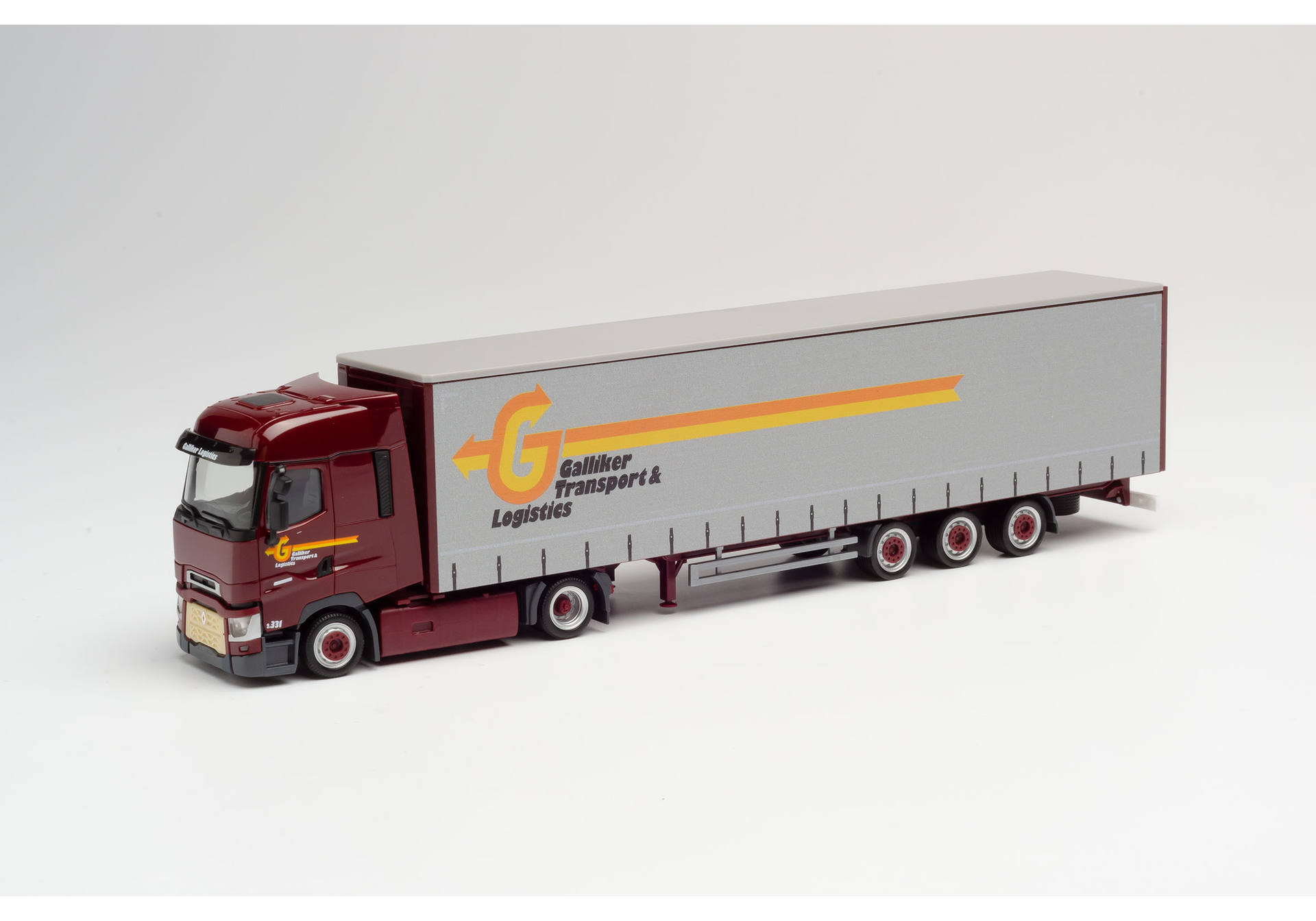 Renault T lowliner curtain semitrailer "Galliker"