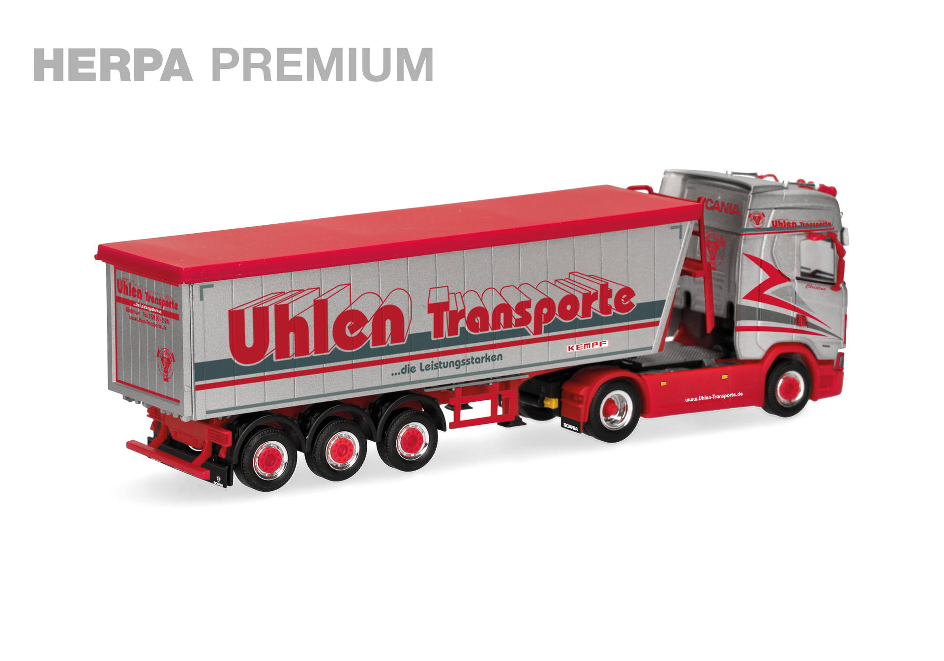HERPA PREMIUM: "Uhlen Transporte" Scania CS 20 Hochdach Stöffelliner-Kippsattelauflieger
