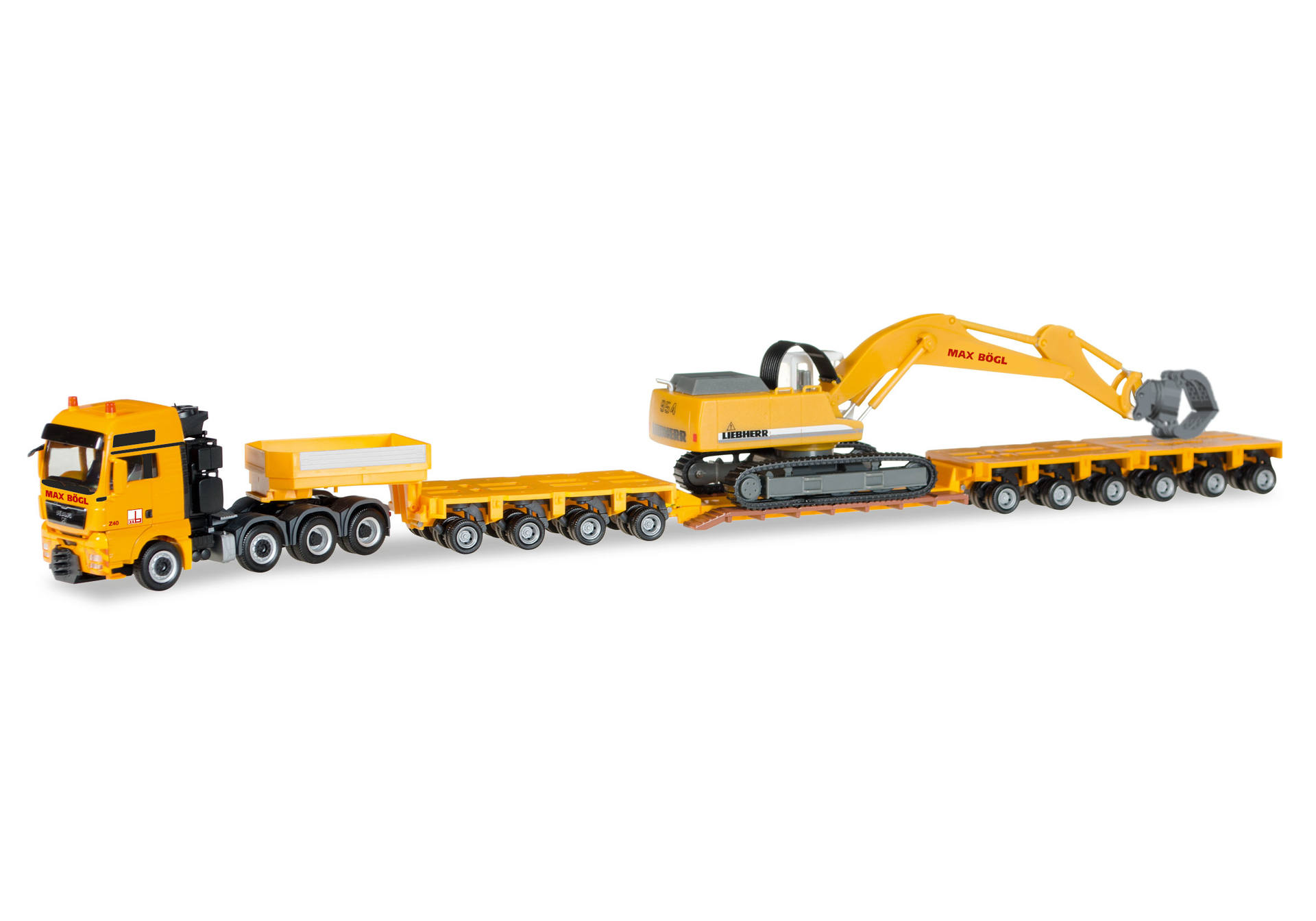 MAN TGX XXL 640 lowboy semitrailer with Liebherr 954 with sorting Grabs "Max Bögl"