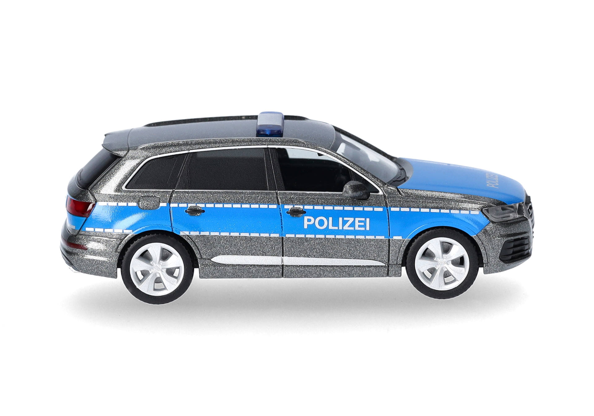 police car, police SUV, blue white, radio antenna, toy model, police car, toy car, die-cast, blue black, polizei