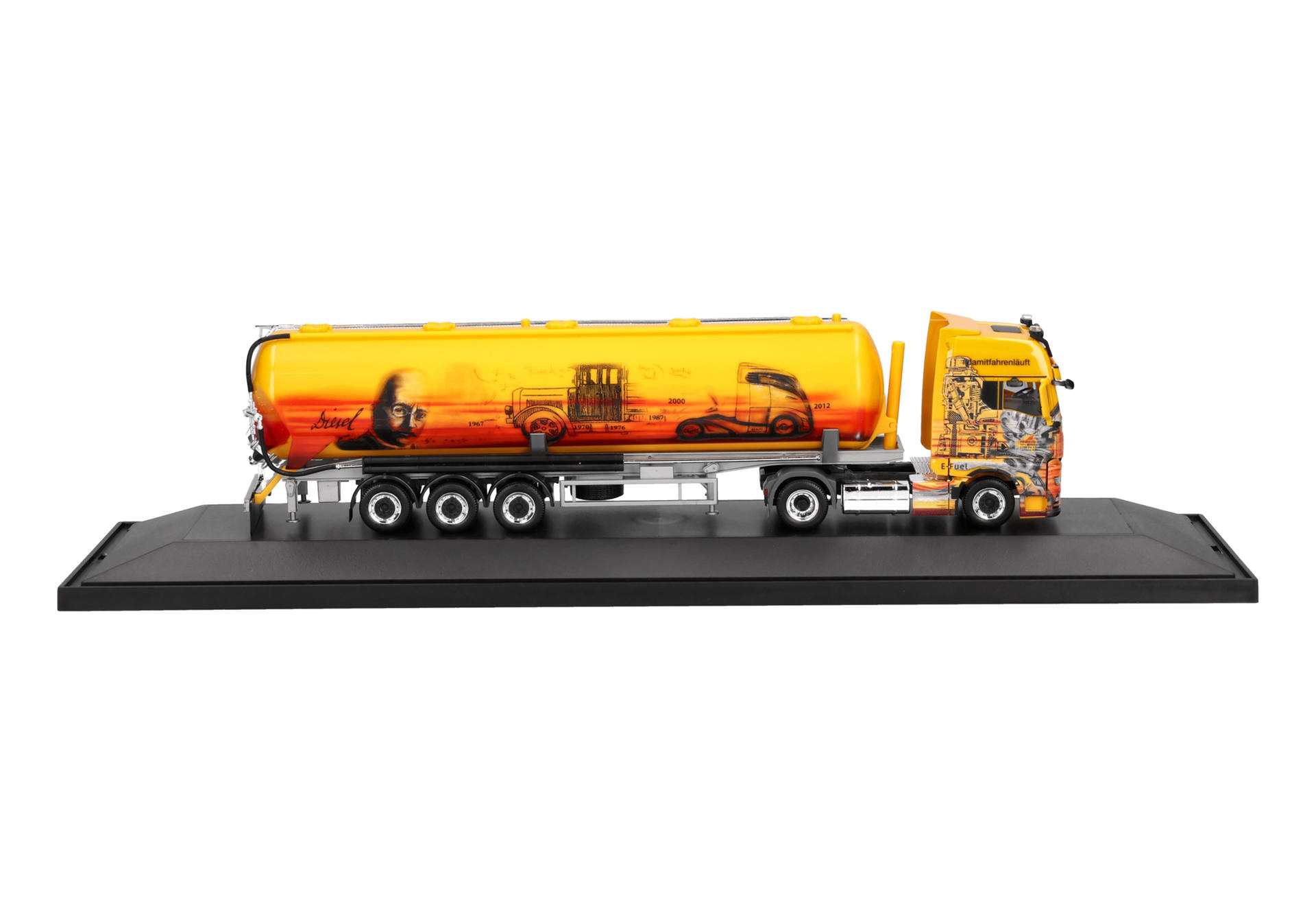 toy truck, tank trailer, orange, diesel truck, model display