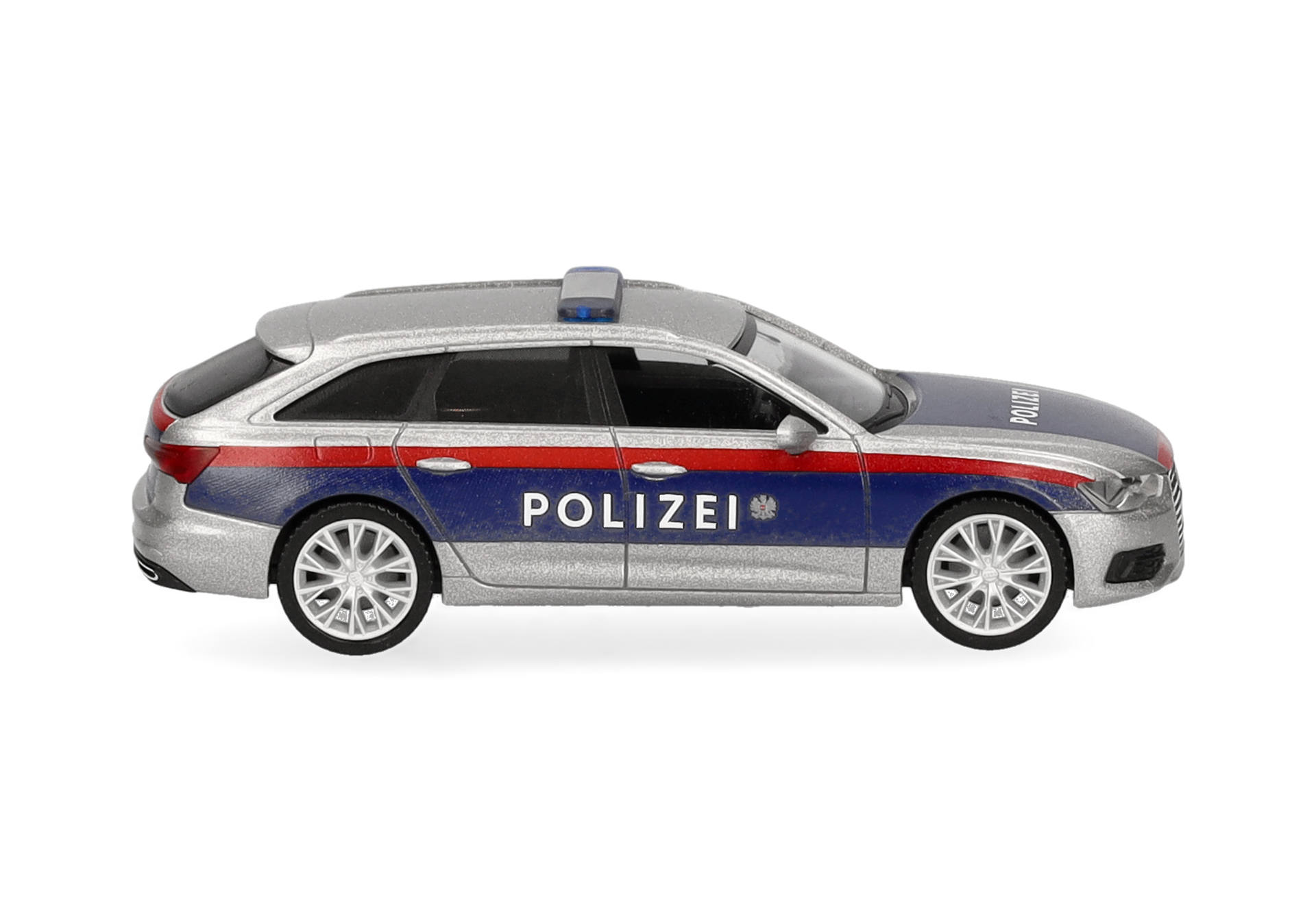 police car, die-cast, model, silver, blue stripe