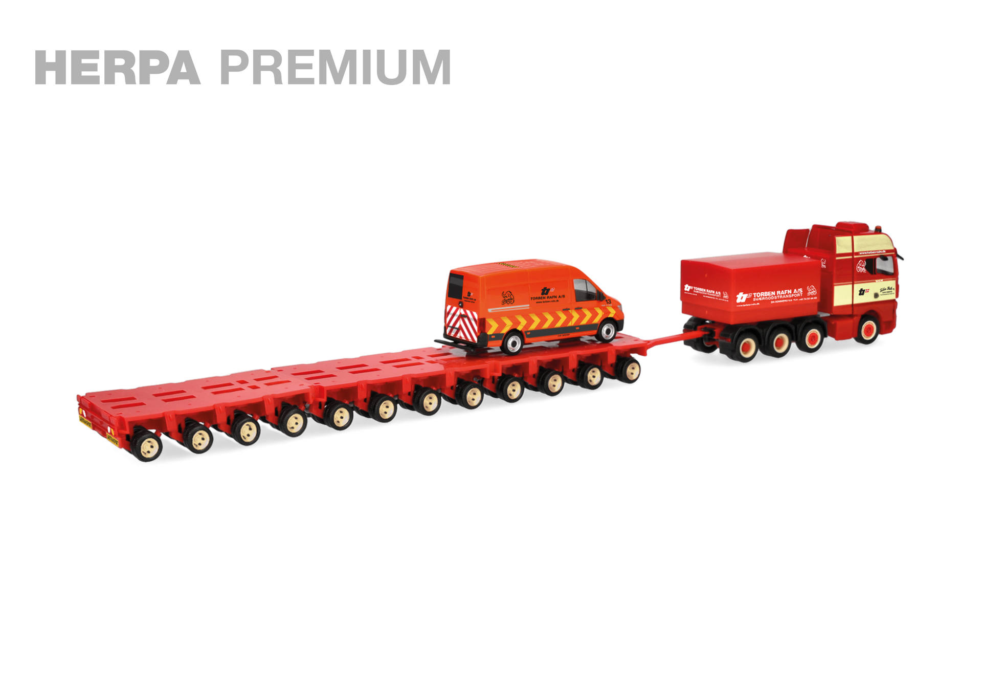 HERPA PREMIUM: „Torben Rafn“ Schwerlast-Set – MAN TGX GX Schwerlast-Zugmaschine 4achs mit Tiefladeanhänger 12achs und MAN TGE Kasten Hochdach