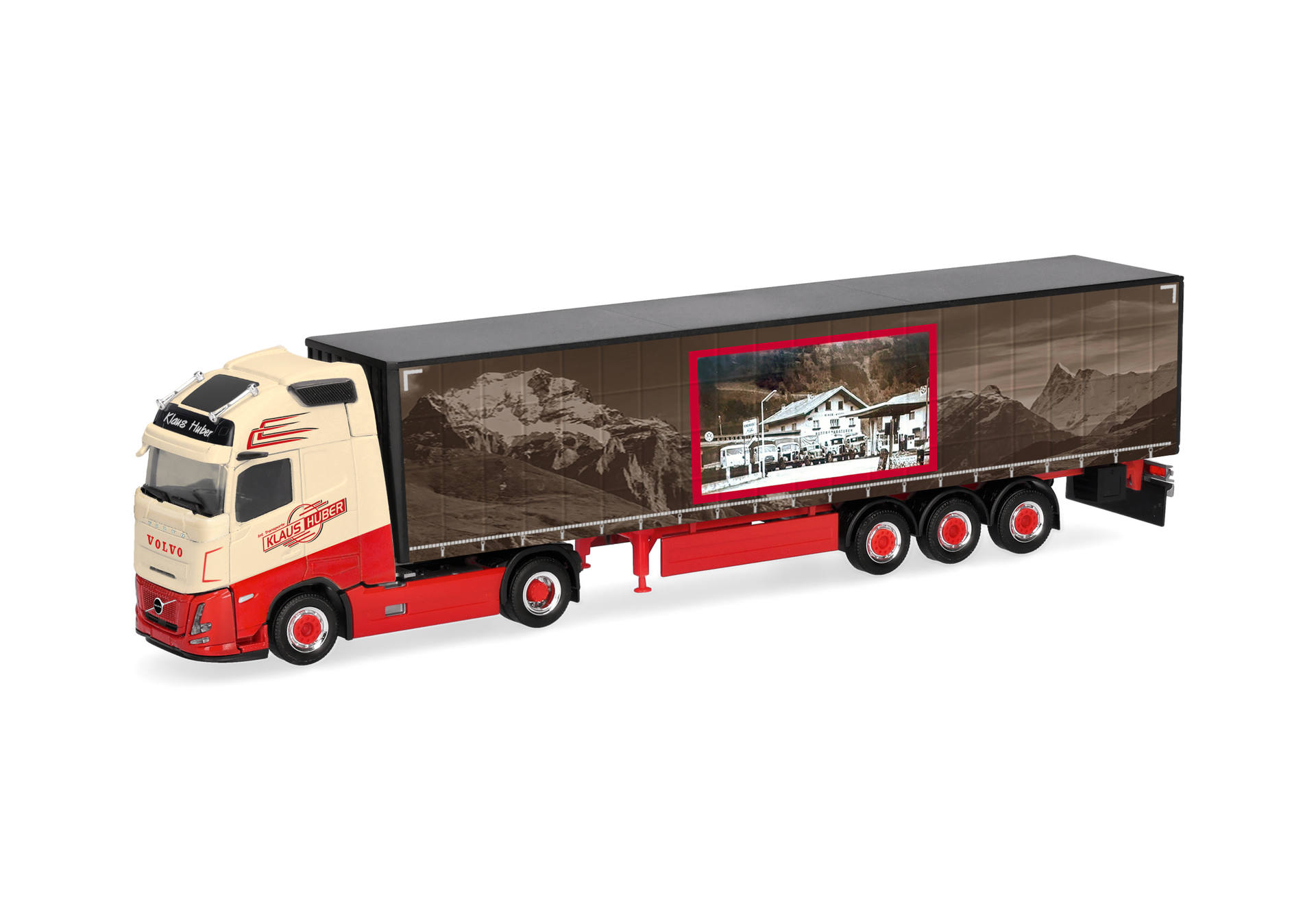 trailer, semi-truck, articulated, brown pattern, mountain backdrop