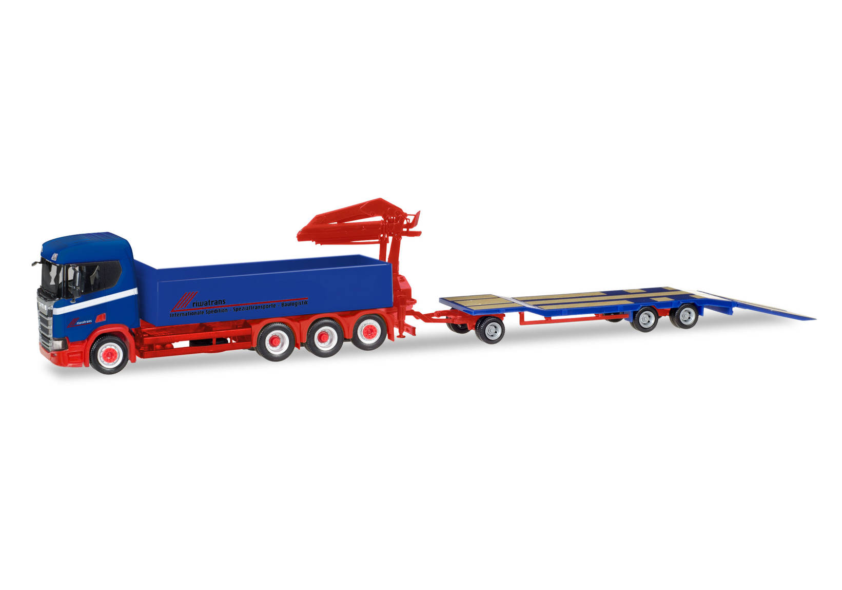 Scania CR Niederdach Pritschen-LKW mit Ladekran 4-achs und Goldhofer TU3 "Riwatrans"