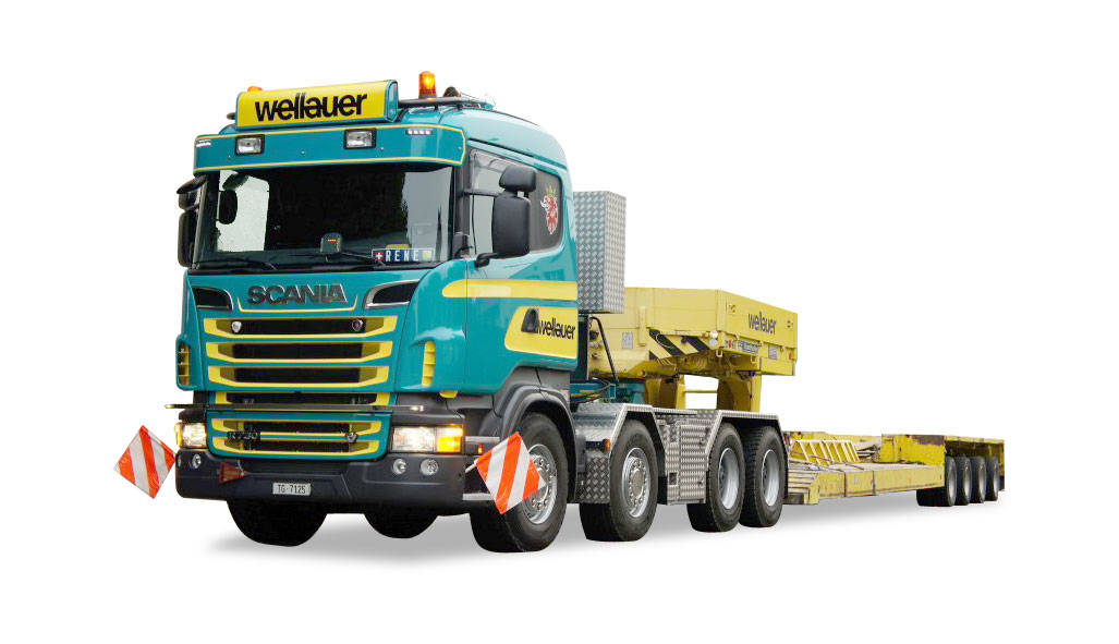 Scania R Tiefladesattelzug mit Hiab Ladekran "Wellauer"