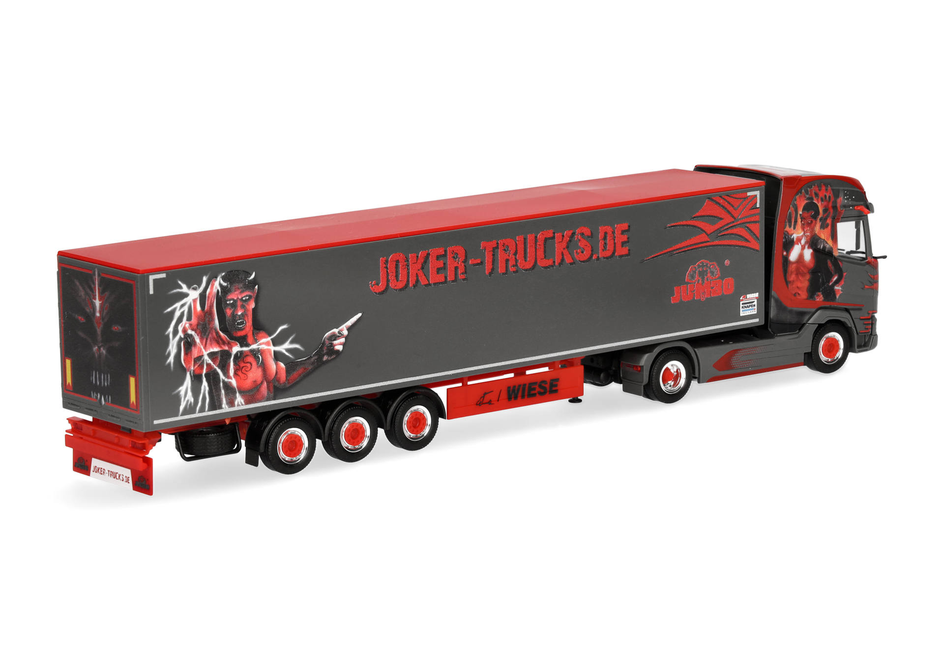 truck, semi-trailer, red, graphics, artwork