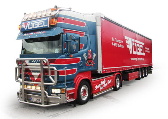 Scania R curtain canvas semitrailer "Voegel"