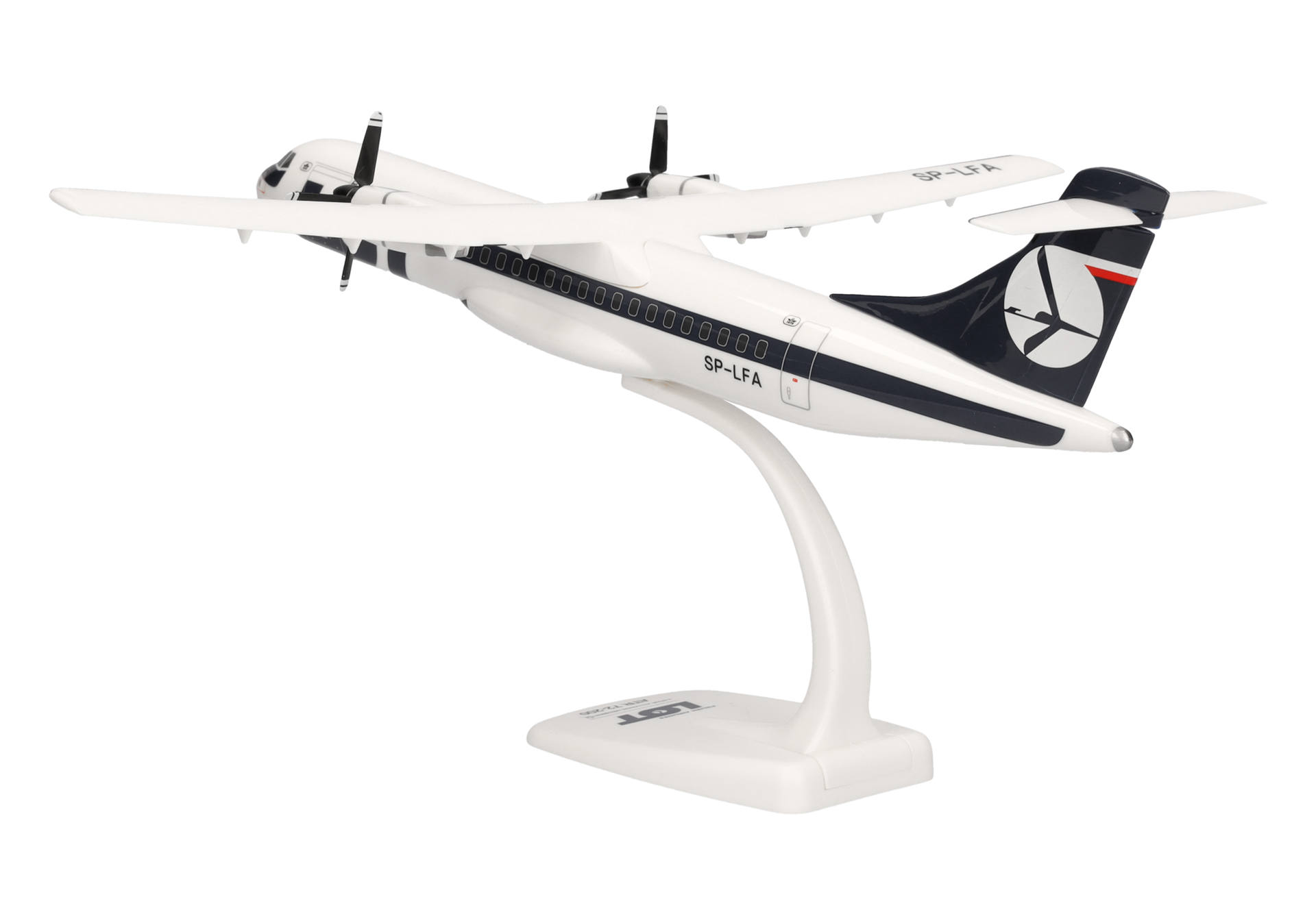 airplane model, die-ccast model, twin-turboprop, white aircraft, display stand