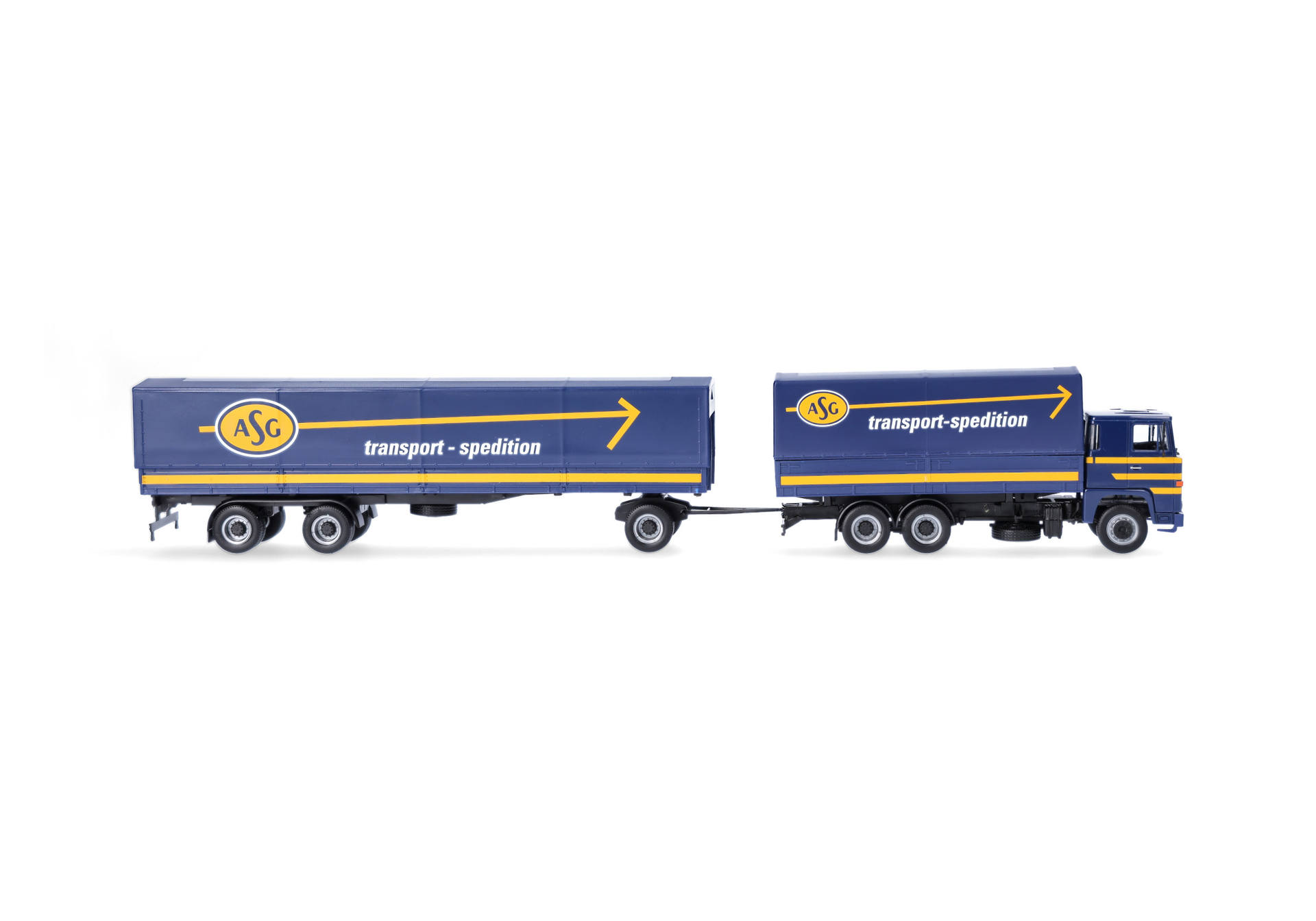 toy truck, model truck, blue trailer, two-part trailer, transporter