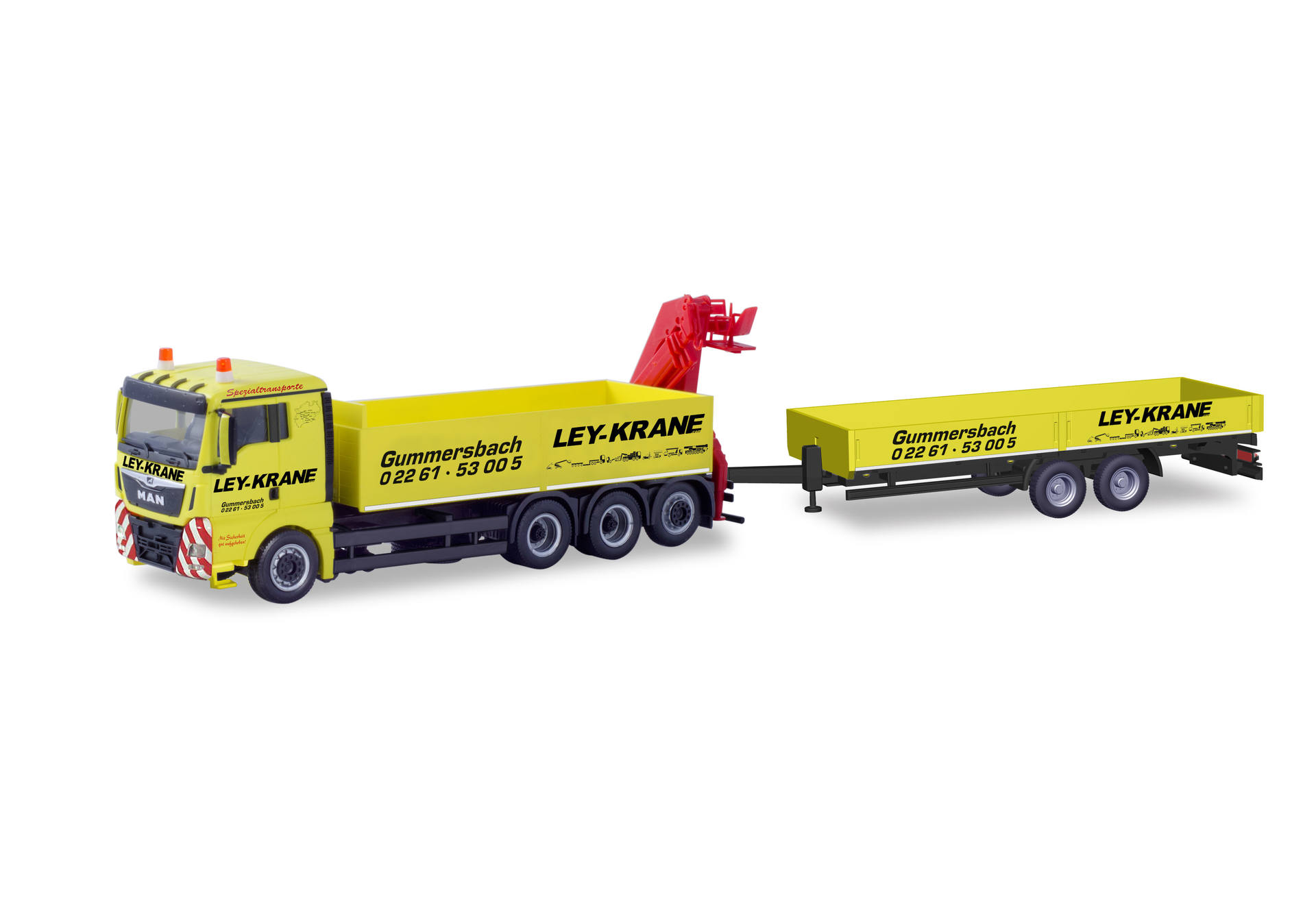 MAN TGX XL Euro 6c platform truck with crane and deep loading trailer "Ley Krane Gummersbach" (Nordrhein-Westfalen / Gummersbach)