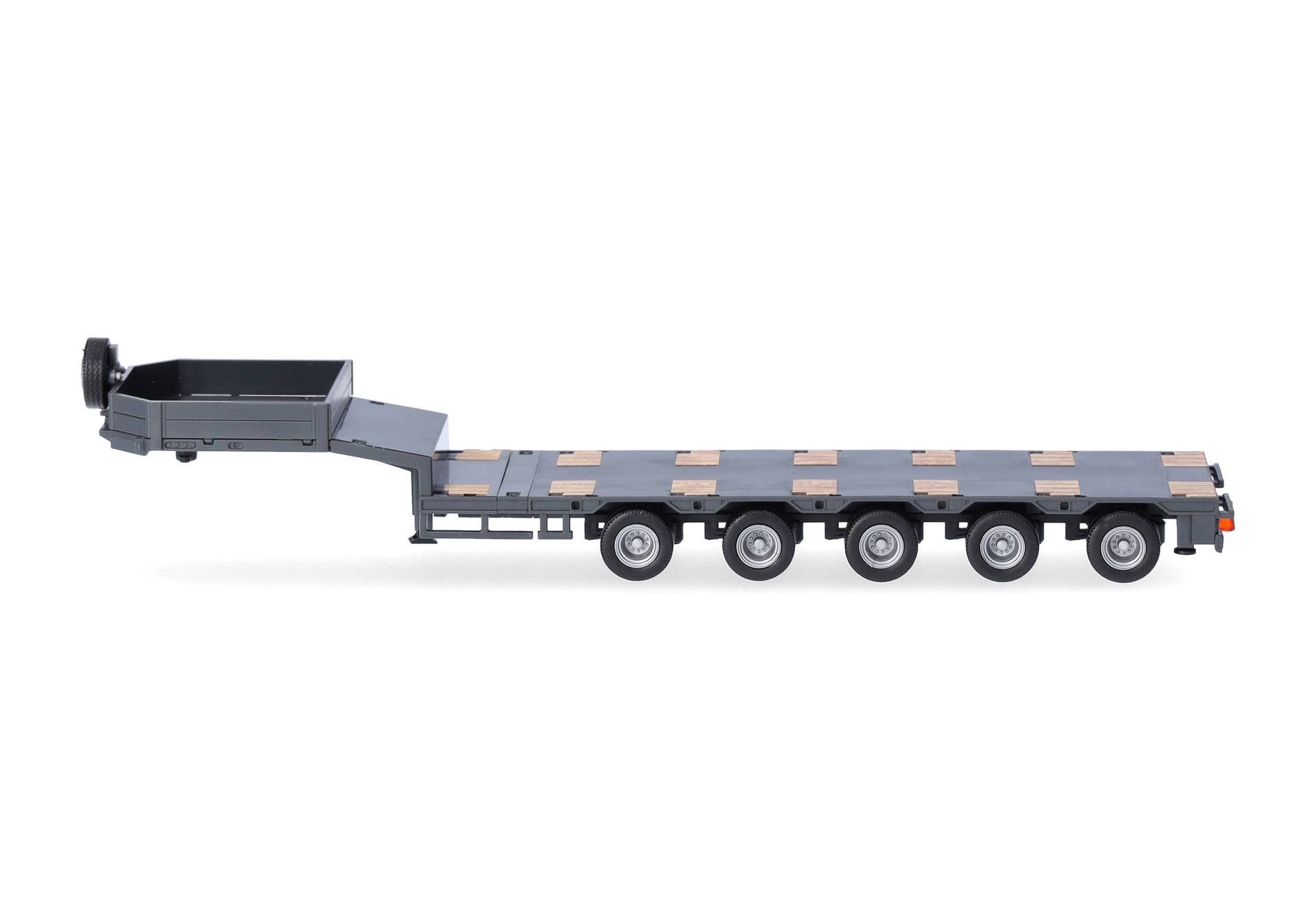 Flatbed-Lkw-Anhänger, Transport-Anhänger, Sechsachser Anhänger, grauer Anhänger, Holzdeckplatten