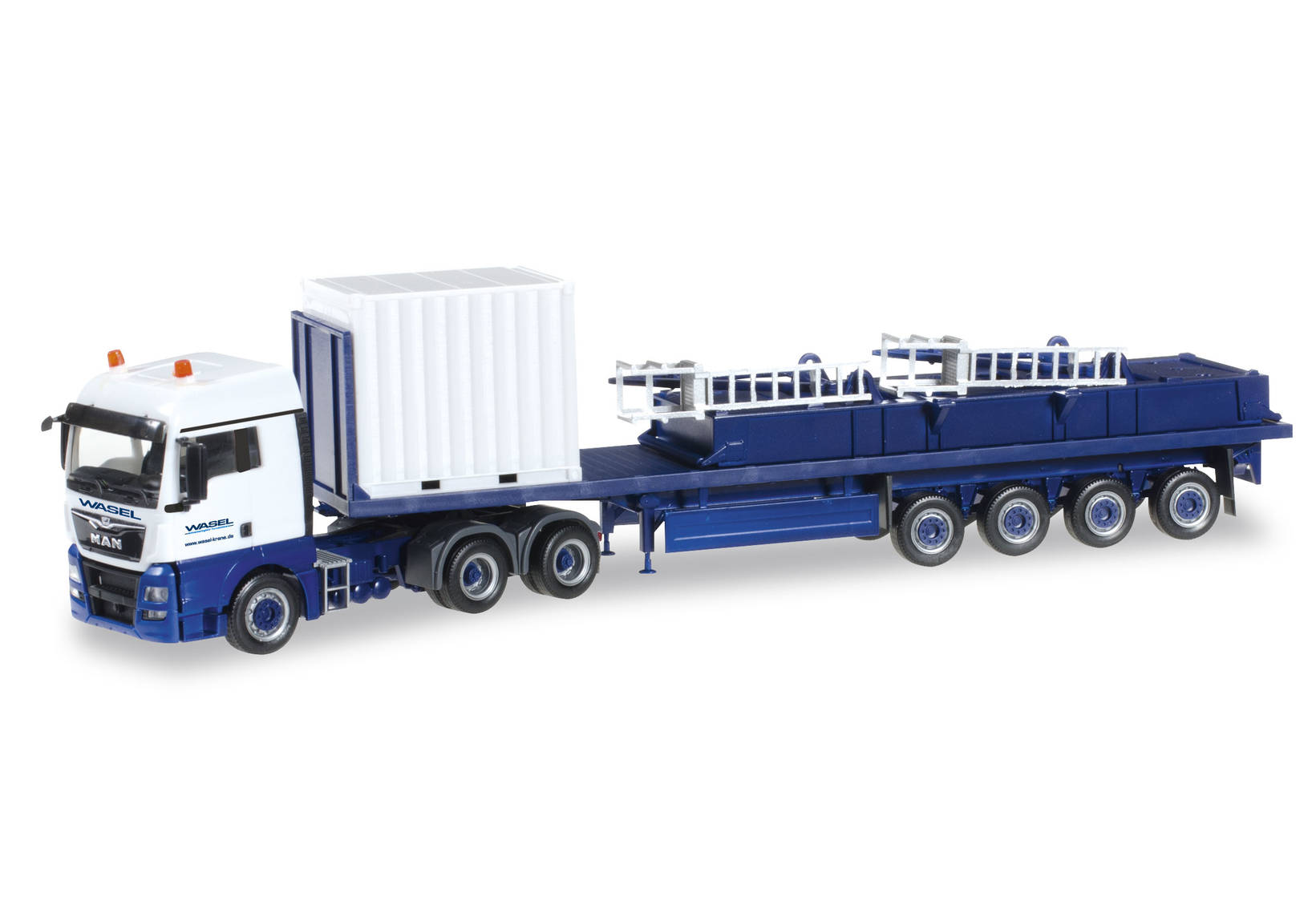 Herpa MAN TGX XLX 6x4 Euro 6 stake semitrailer with pallets for Derrick  weights & 10 ft. Container 