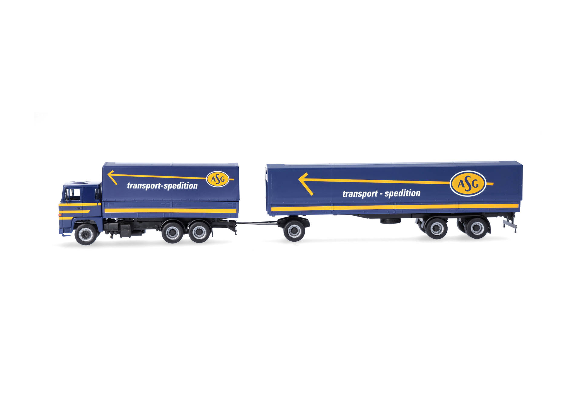 toy truck, truck trailer, blue trailer, yellow accents, ASG logo