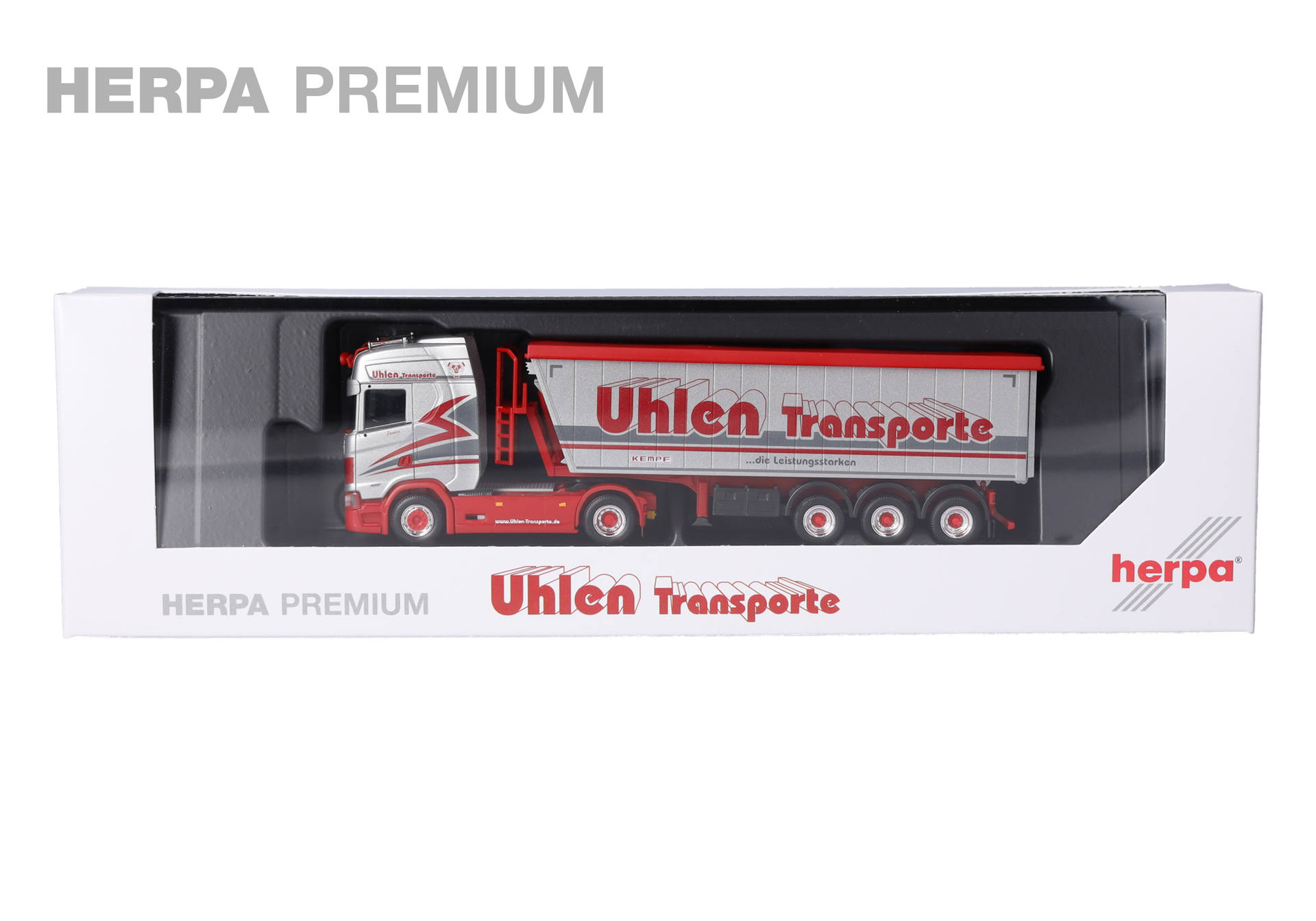 Spielzeug, Lastwagen, Sattelzug, Modell, rot, modelllaster, liegendes spielzeugauto, metallmodell, roter anhänger, verpackung im einschluis