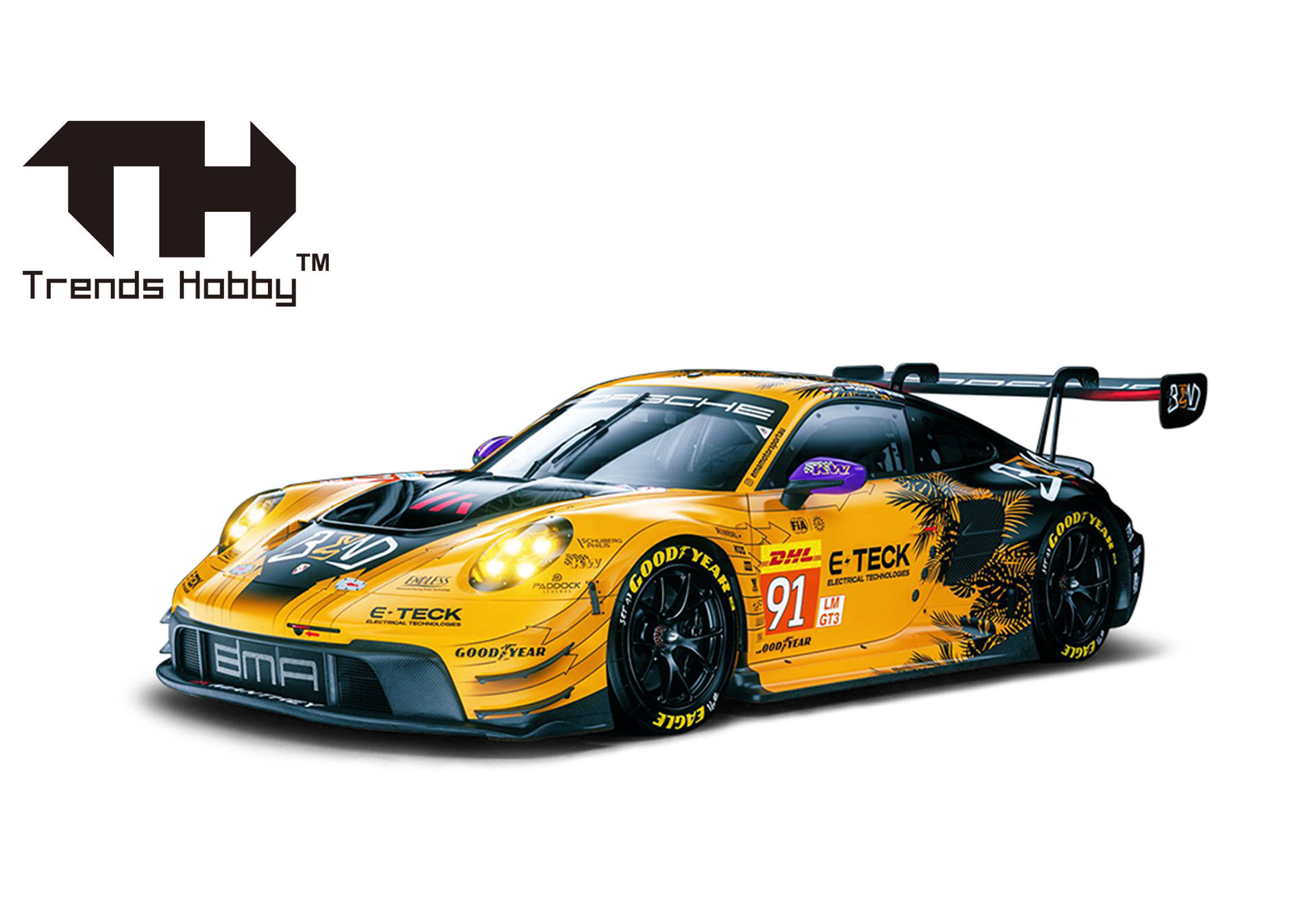 racecar, sports car, yellow car, porsche,  decals