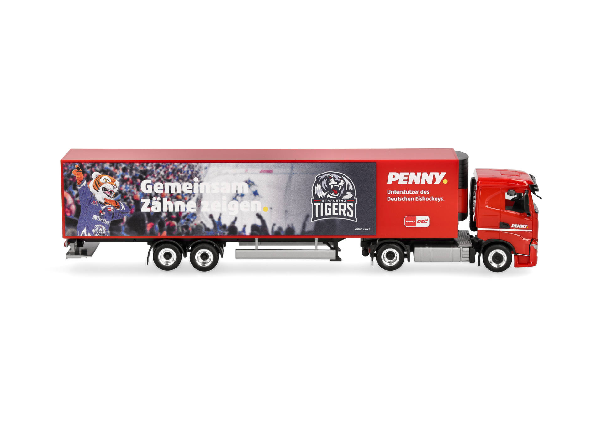 truck, trailer, red, graphics, tigers