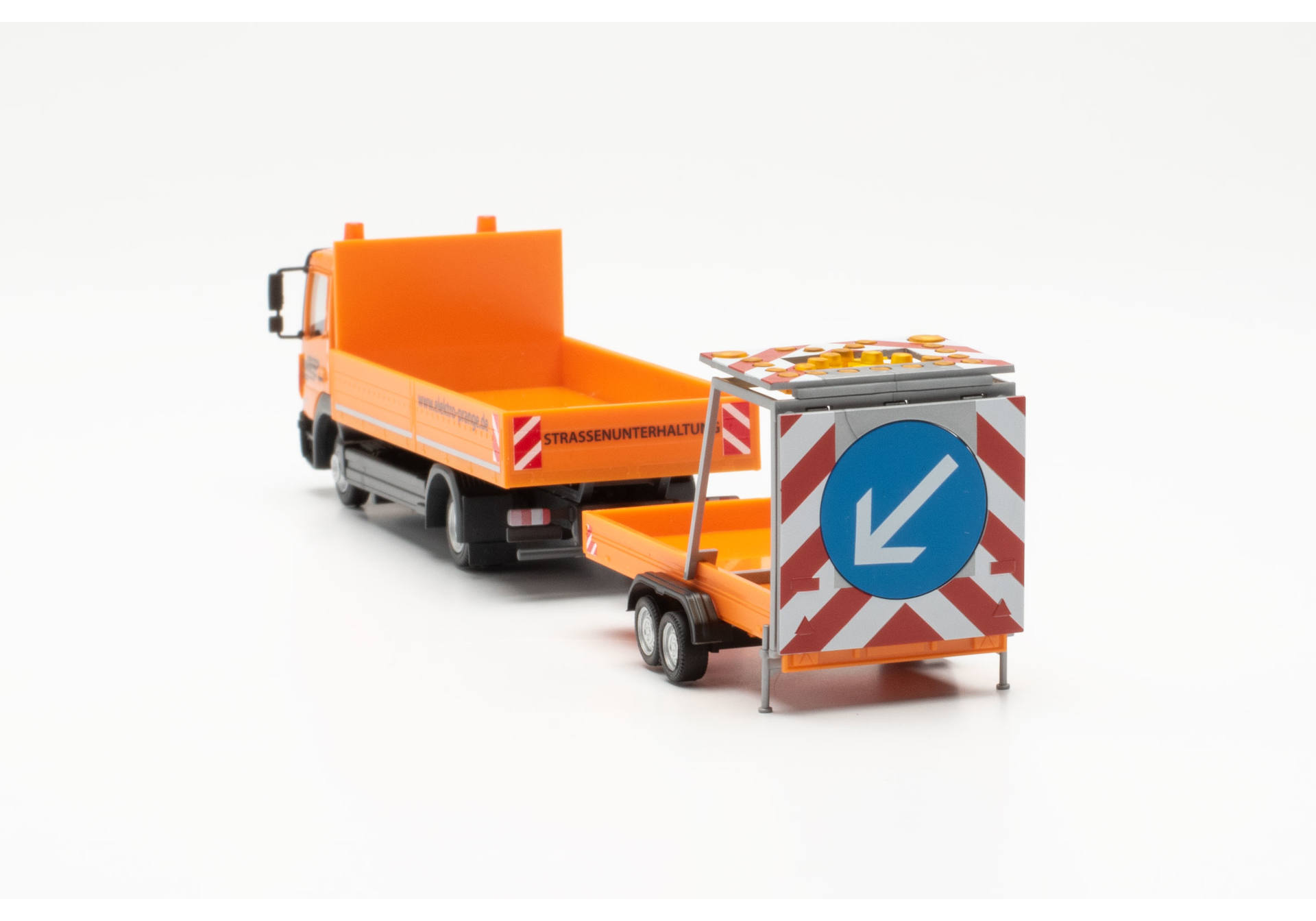 Mercedes-Benz Atego 13 flat-bed truck 3axles with traffic safety trailer "Elektro Prange"