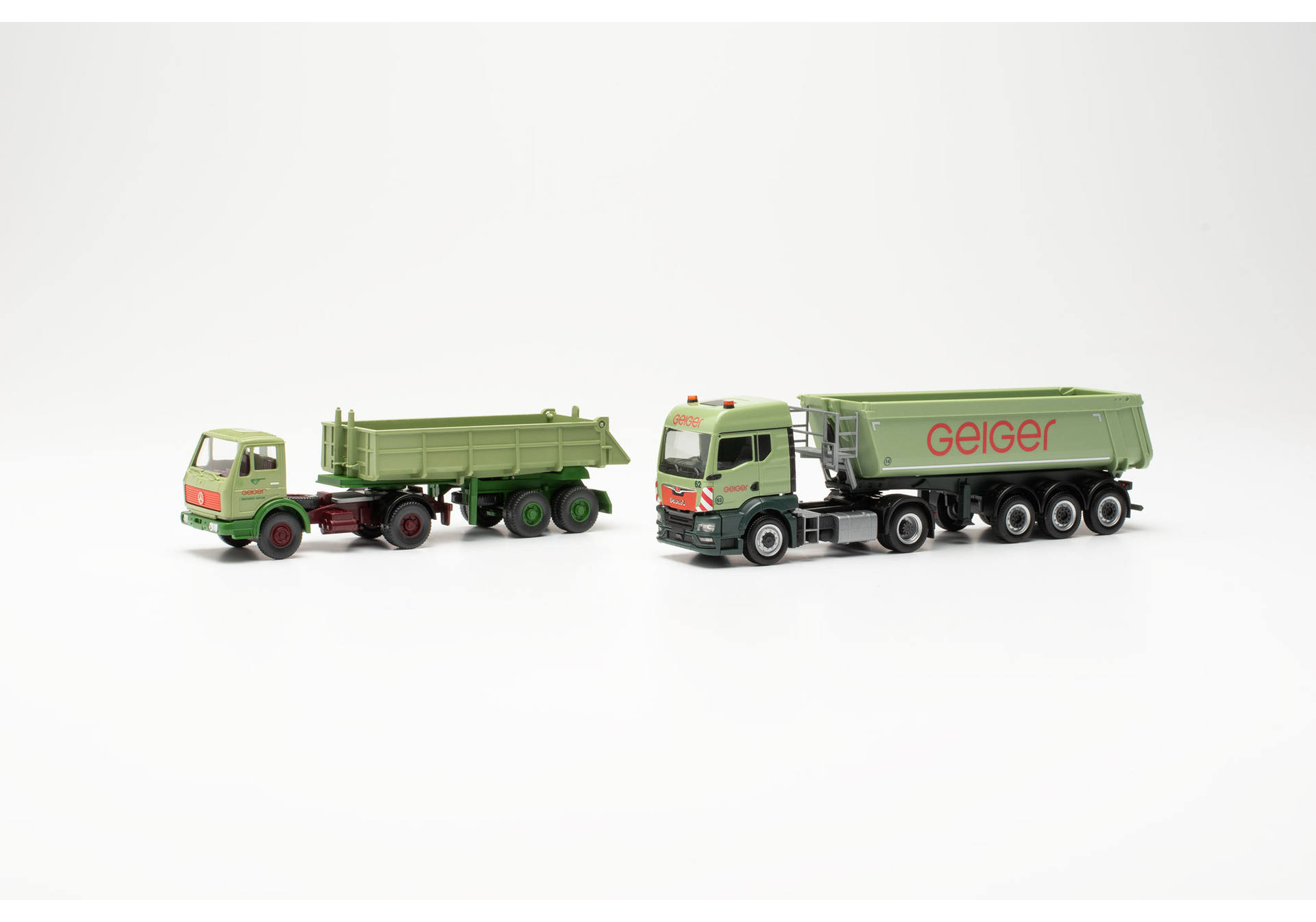 Set: MAN TGS TM Schmitz dumper semitrailer truck and Mercedes-Benz dumper semitrailer truck (Wiking model) "100 Jahre Geiger" (Bayern/Oberstdorf)