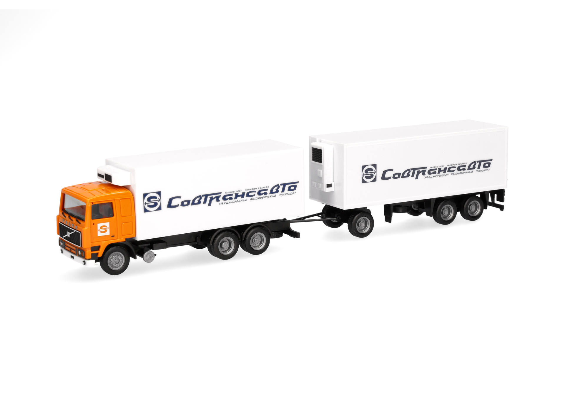 toy truck, semi-truck, orange cab, white trailers, transport trailer