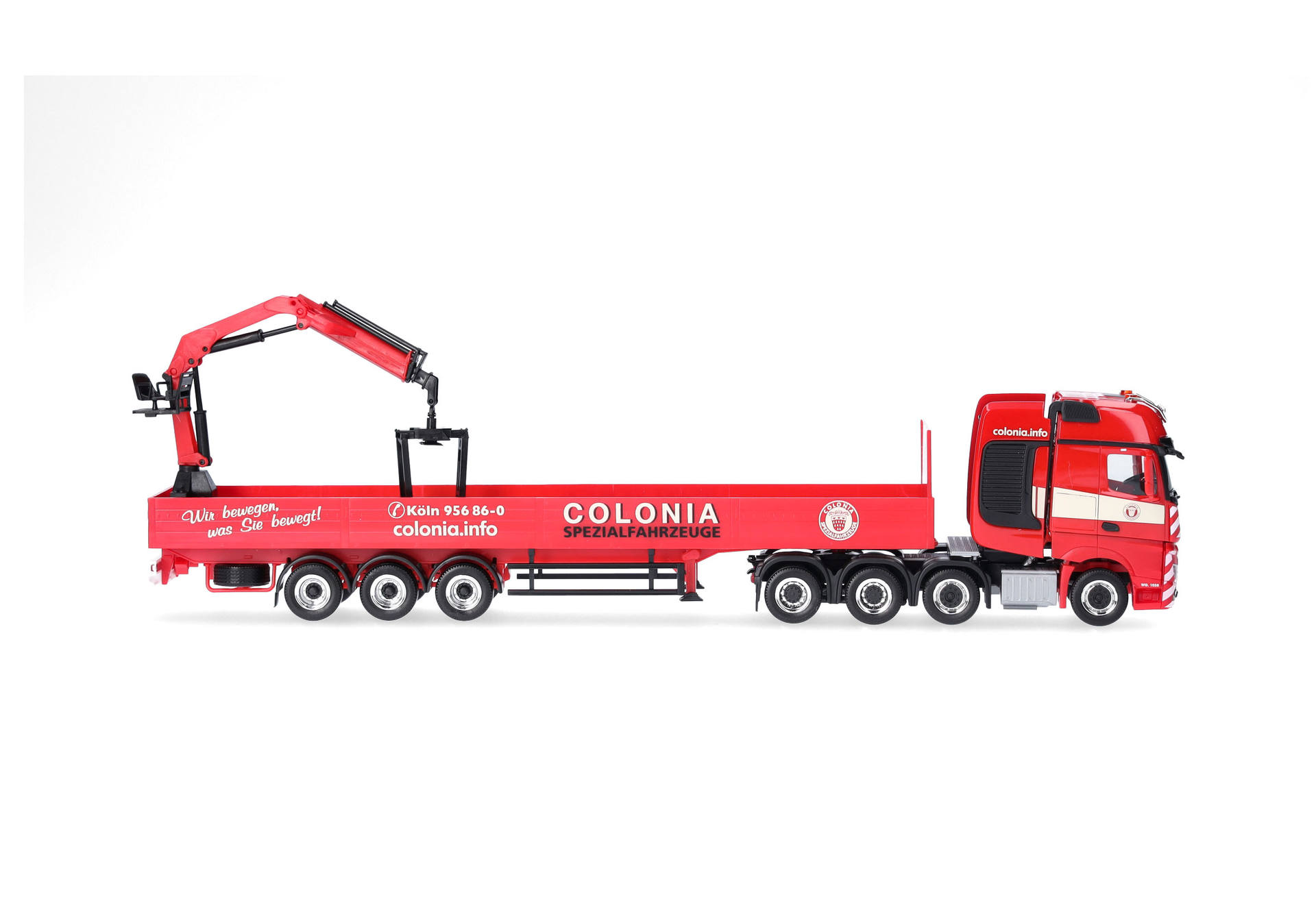 Mercedes-Benz Actros L Gigaspace heavy duty tractor with planked bed trailer with crane "Colonia"