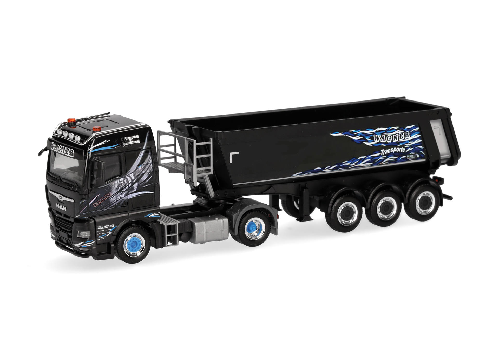 truck, semi-trailer, dump body, black, decorative graphics