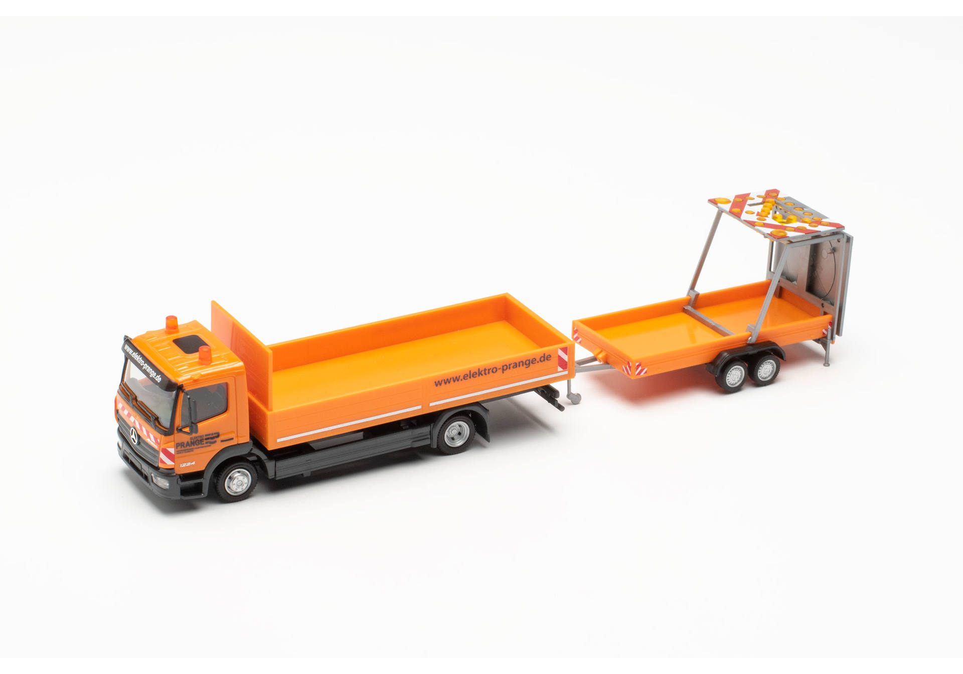 Mercedes-Benz Atego 13 flat-bed truck 3axles with traffic safety trailer "Elektro Prange"