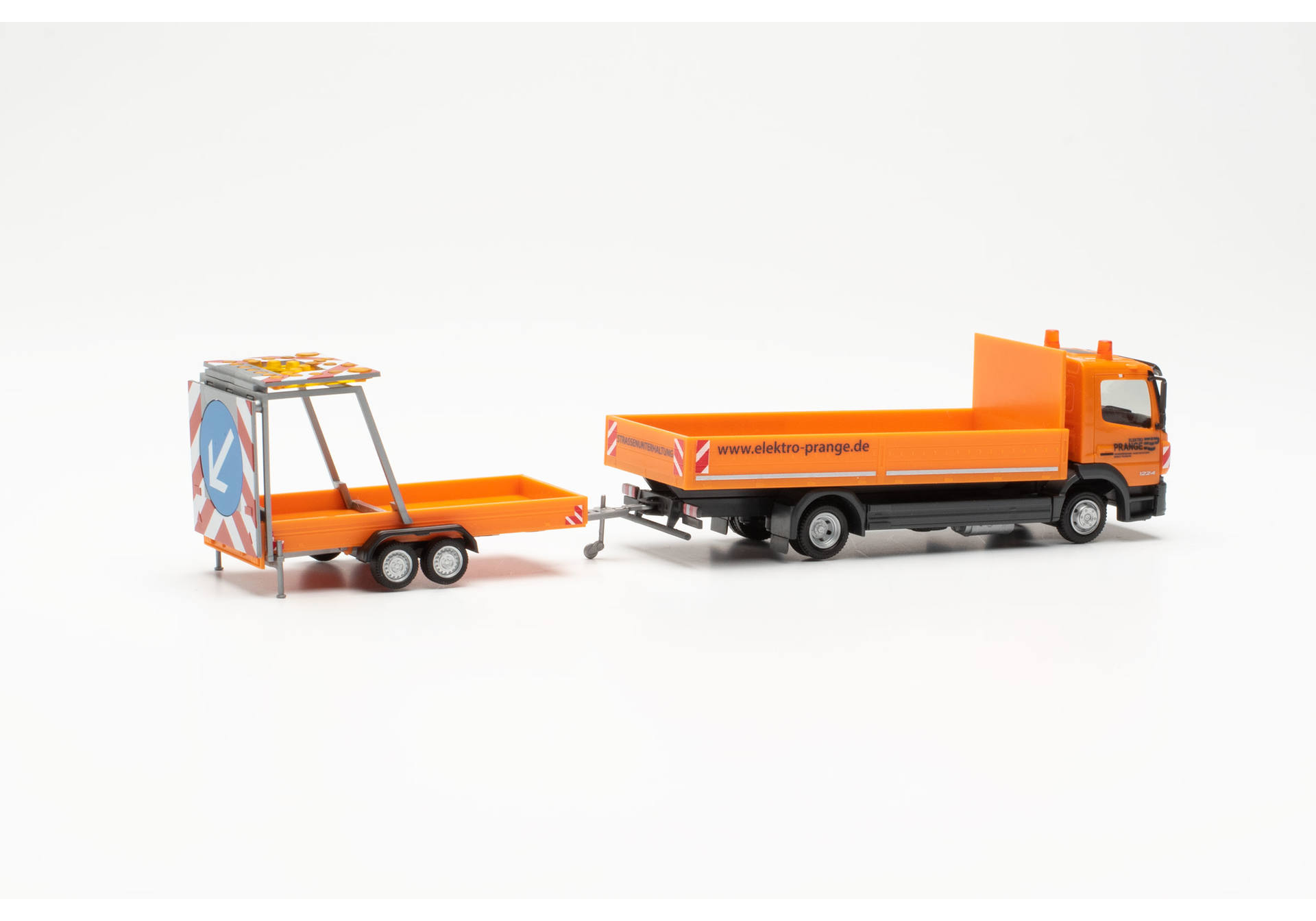 Mercedes-Benz Atego 13 flat-bed truck 3axles with traffic safety trailer "Elektro Prange"