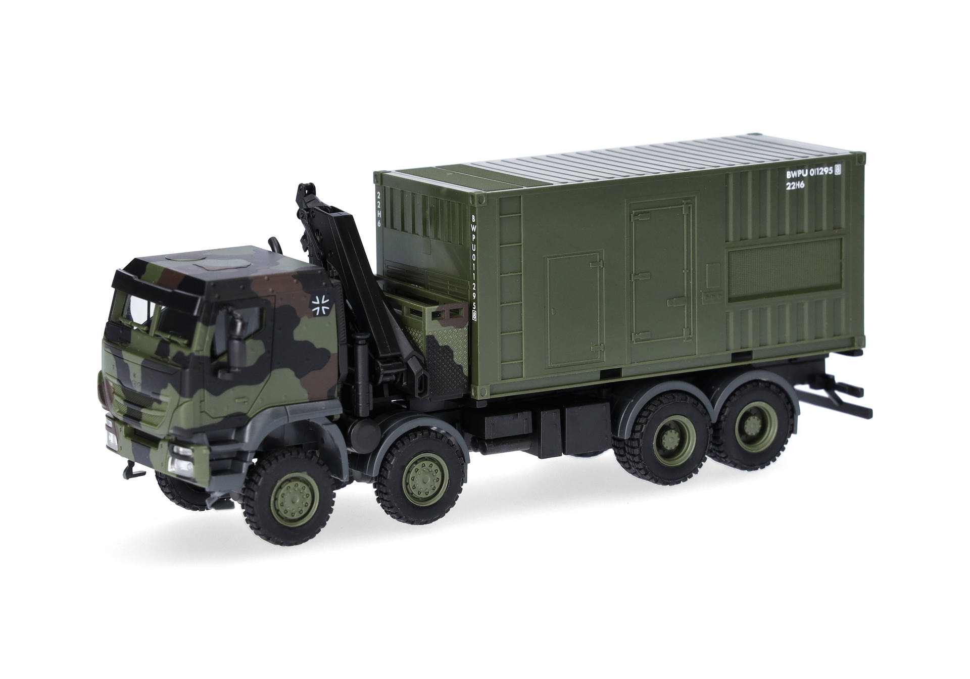 military truck, cargo container, camouflage, six-wheeled, crane accessory