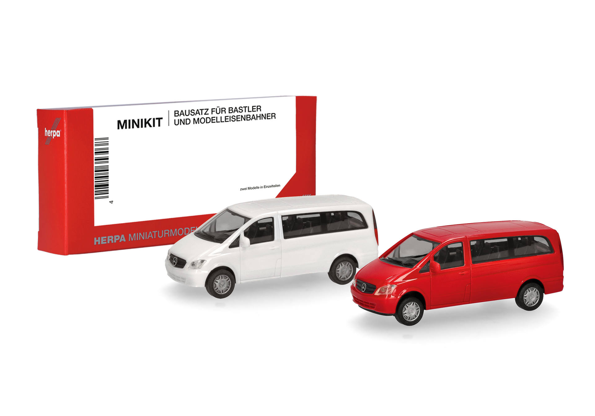 Herpa MiniKit: Mercedes-Benz Vito Bus (W639 facelift / 2010), weiß und rot (2 Stück)