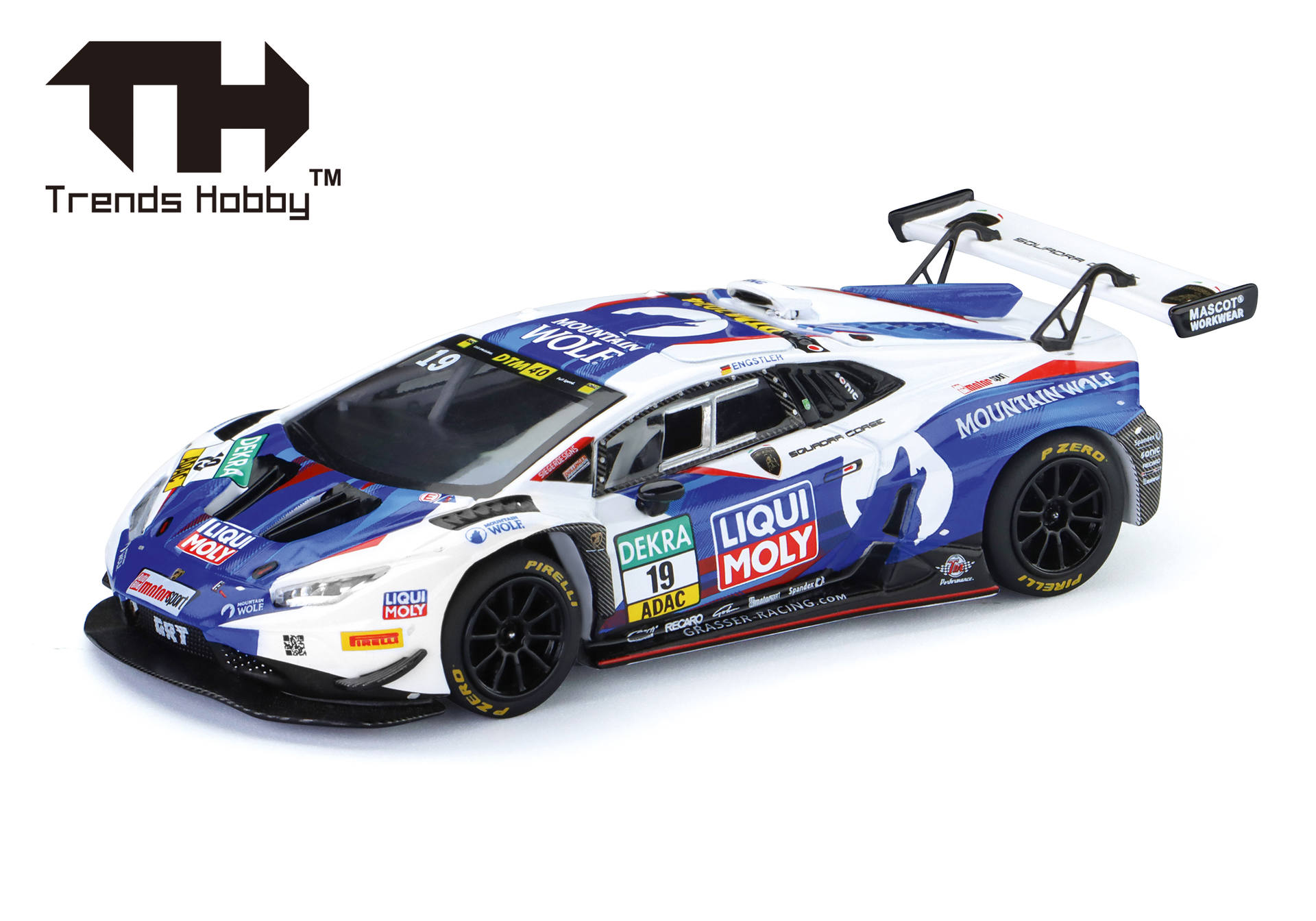 RC car, race car, diecast, sponsorship decals, blue white red