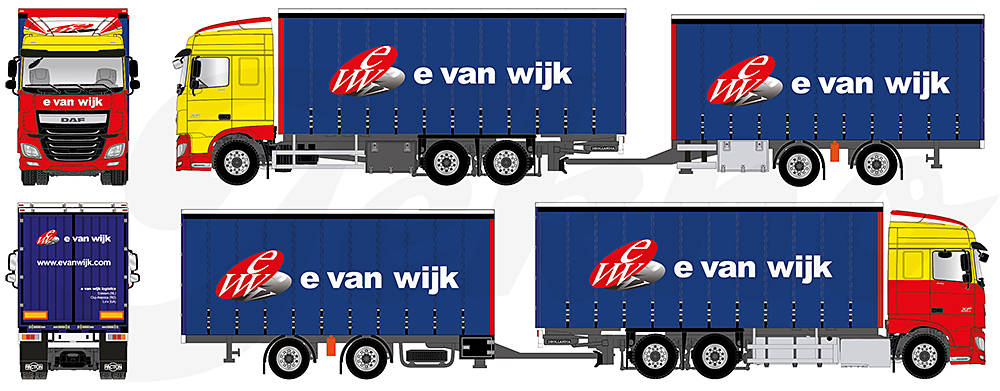 DAF XF 105 Euro 6 Gardinenplanen-Tandemhängerzug "E. v. Wijk"
