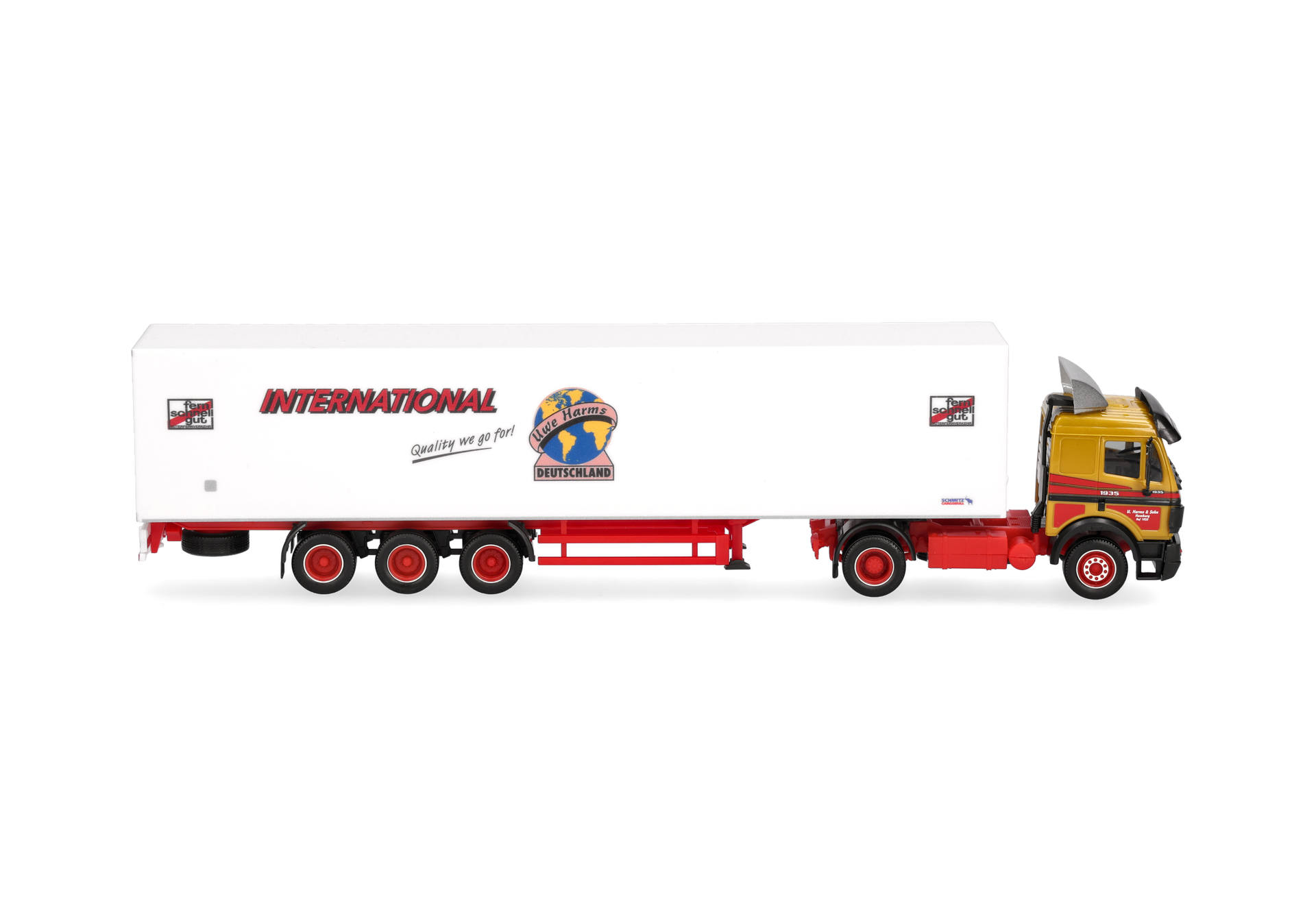 truck, trailer, semi-trailer, toy model, red wheels