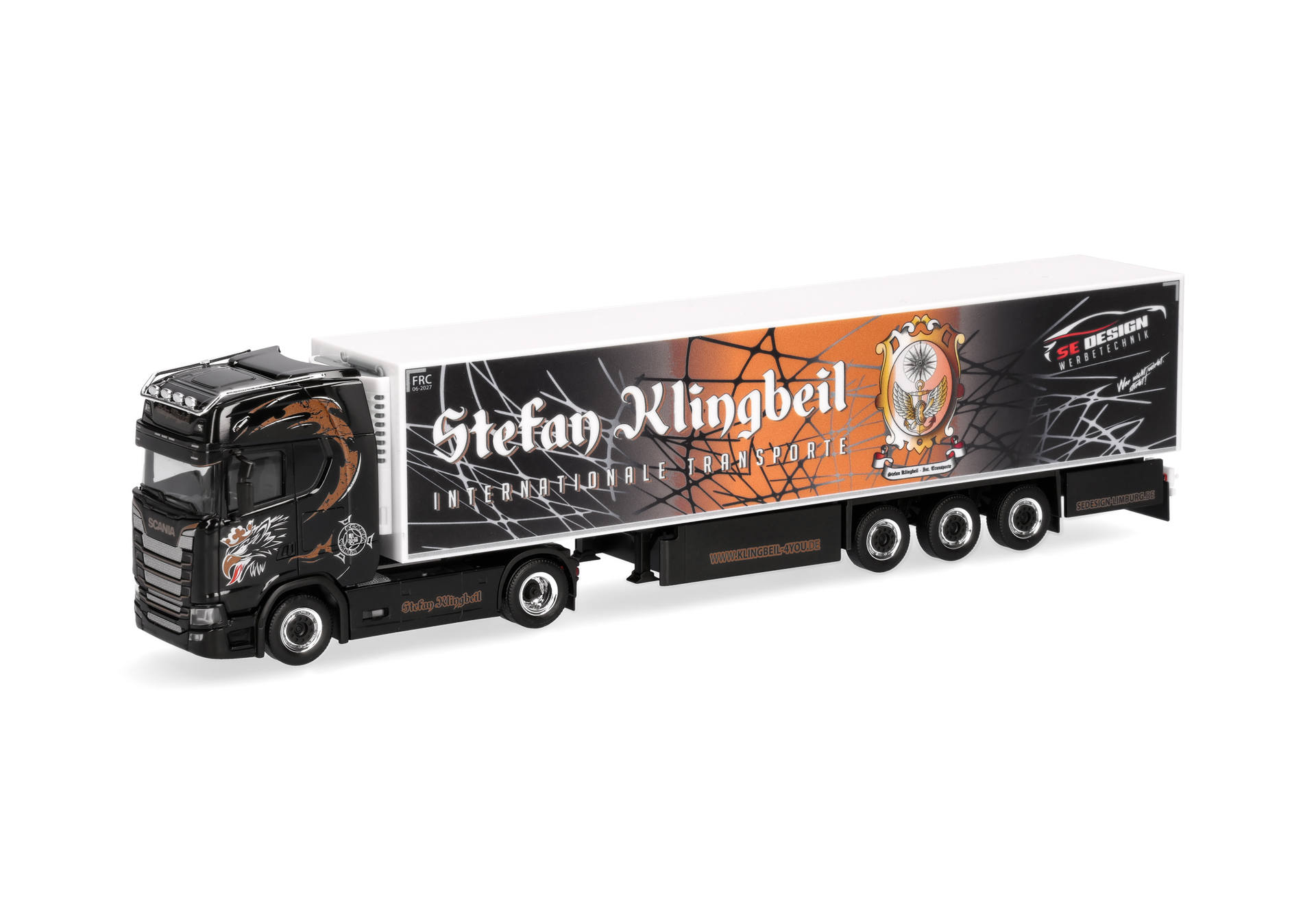 toy truck, trailer, semi-truck, graphic decal, black truck