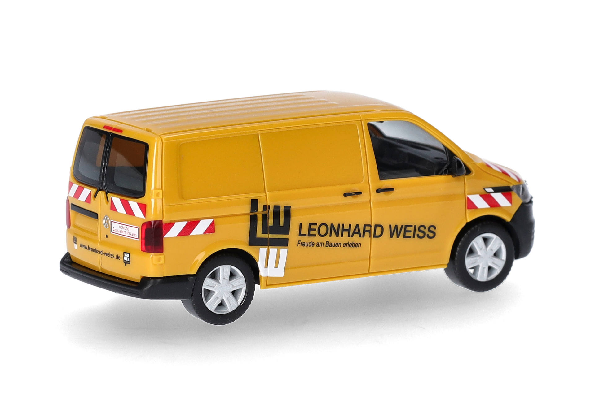 van, toy, yellow, service, construction, van, yellow, model, branding visible? not allowed to identify brand name, graphic decals, tailgate, diagonal stripes, sliding door