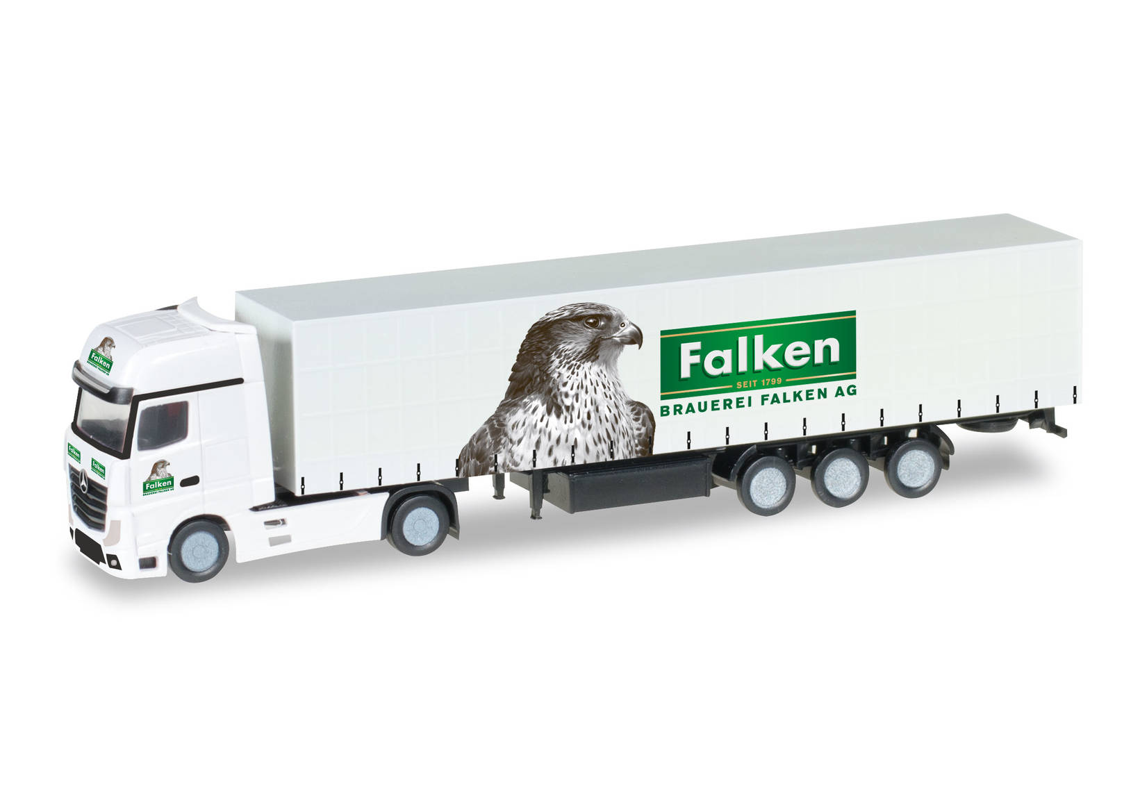 Mercedes-Benz Actros curtain canvas semitrailer "Brauerei Falken" (CH)