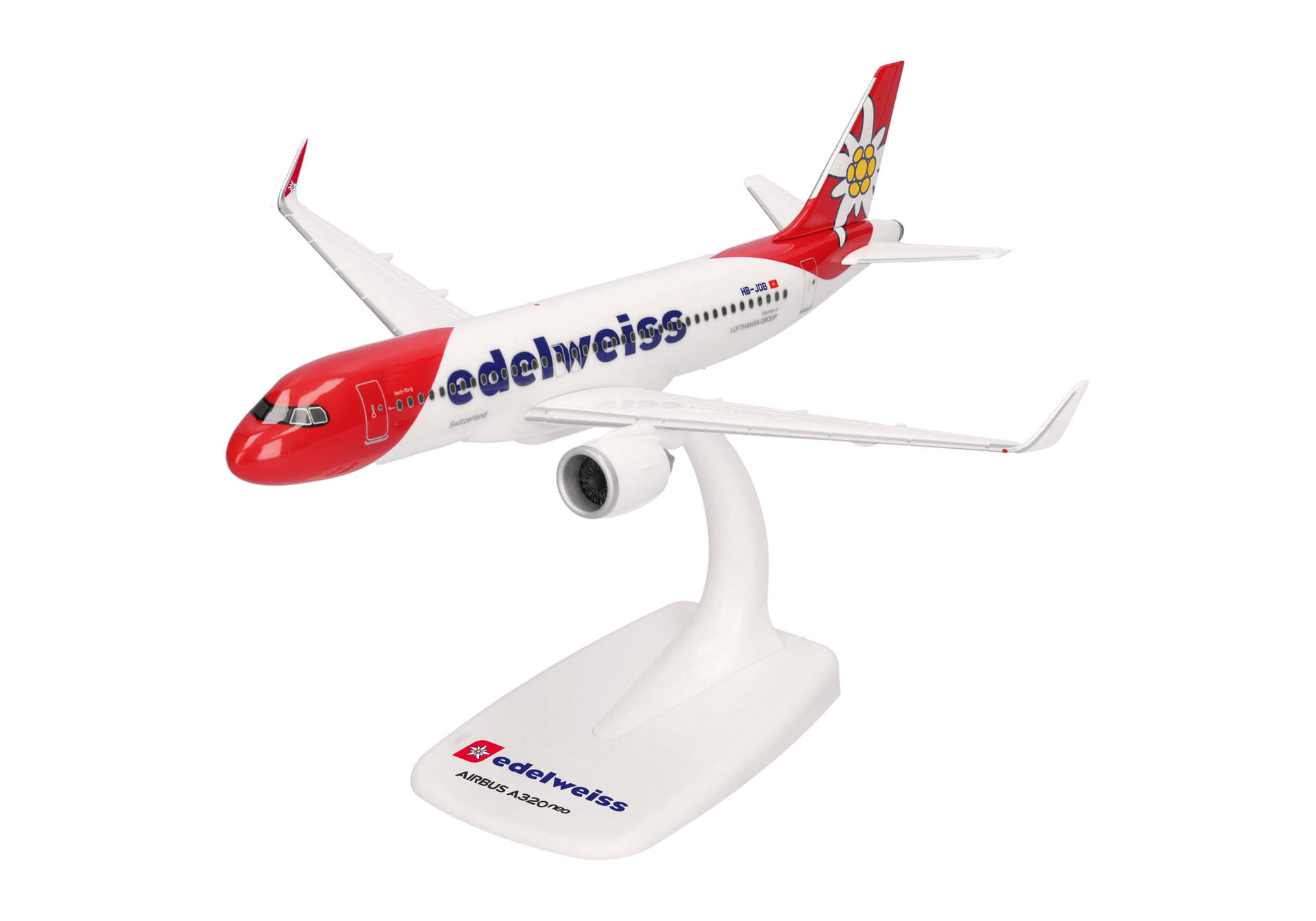 airbus a320 model, commercial airplane, scale model, red nose, edelweiss livery