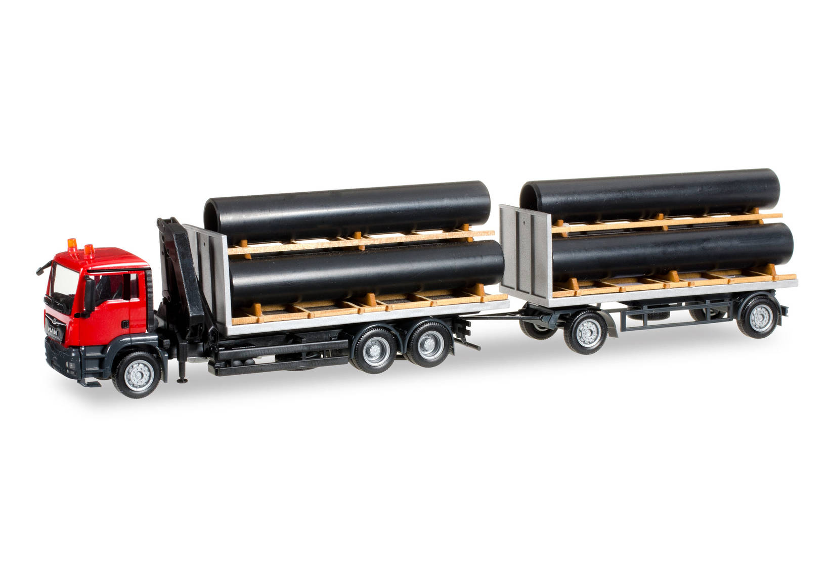 MAN TGS M Flachbett-Hängerzug mit Ladekran und Ladegut Röhren