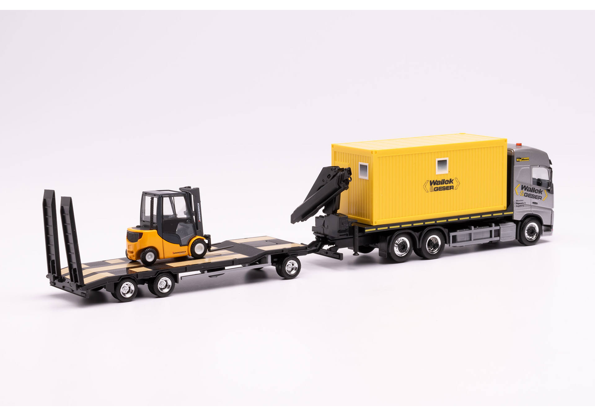 Volvo FH Gl. flat truck with container and crane and Goldhofer TU3 with fork lift „Wallek & Geser“