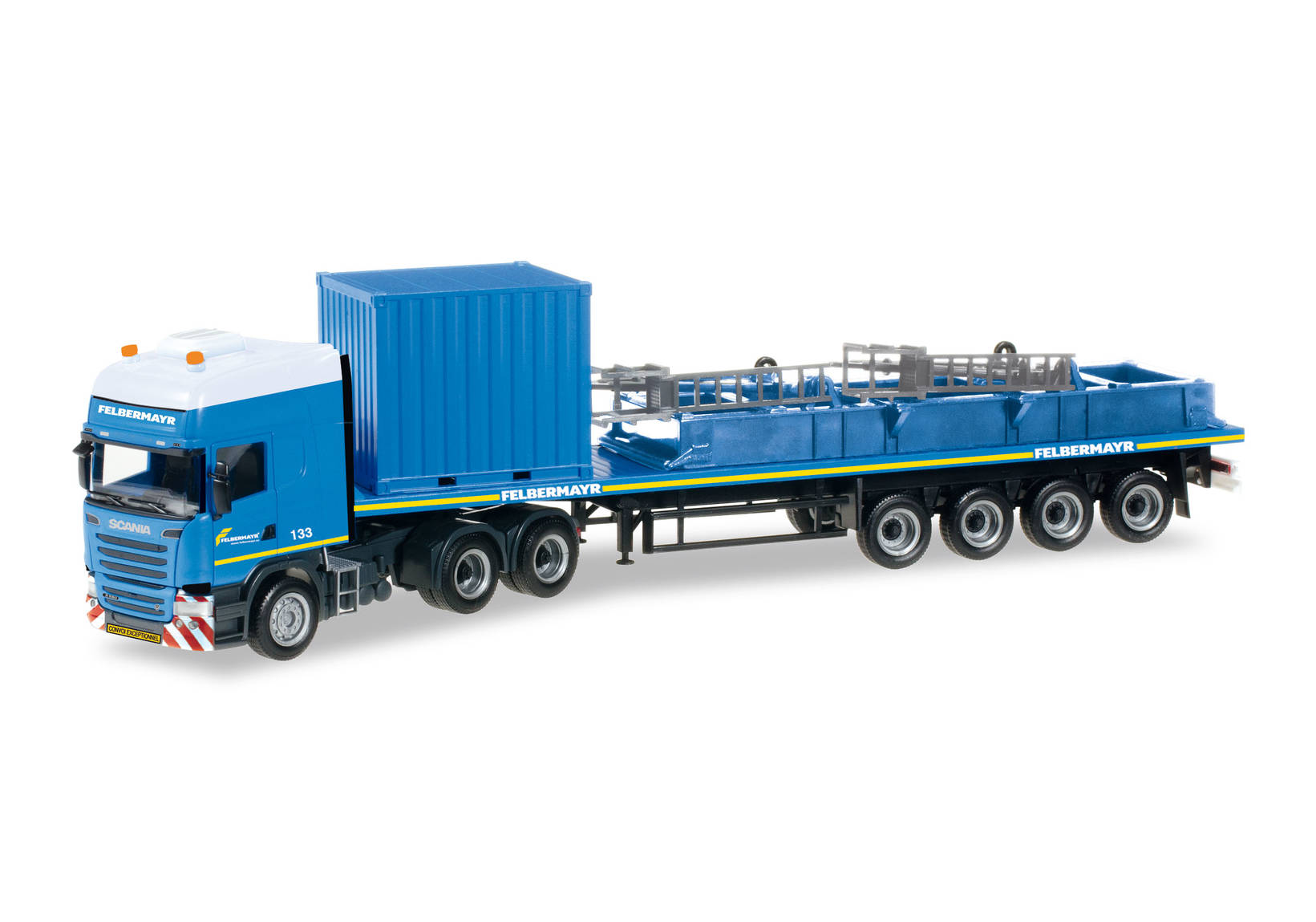 Scania R TL Flachbett-Sattelzug mit 10 ft. Gerätecontainer und Palette für Liebherr LR 1600/2 "Felbermayr" (A)
