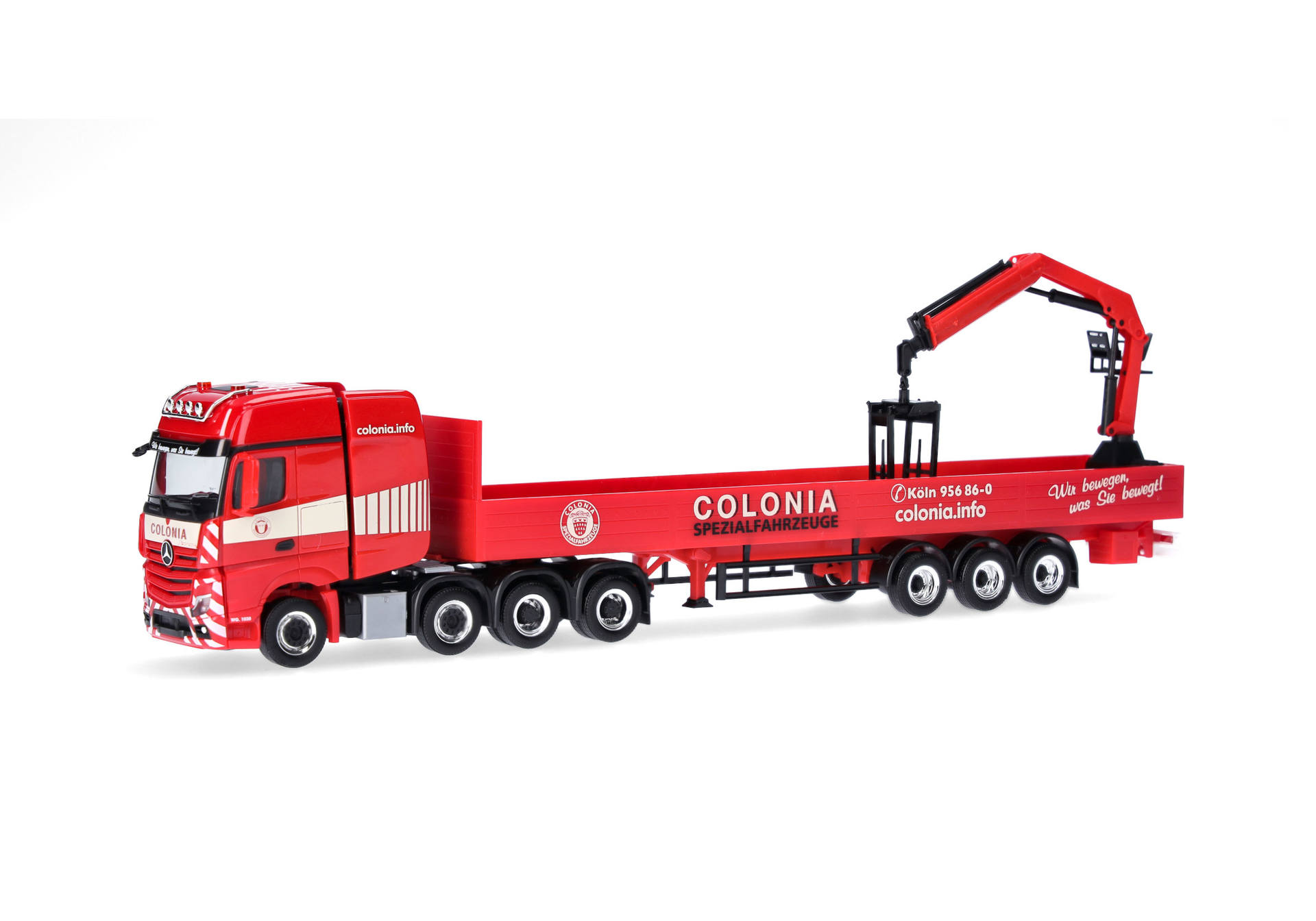 Mercedes-Benz Actros L Gigaspace heavy duty tractor with planked bed trailer with crane "Colonia"