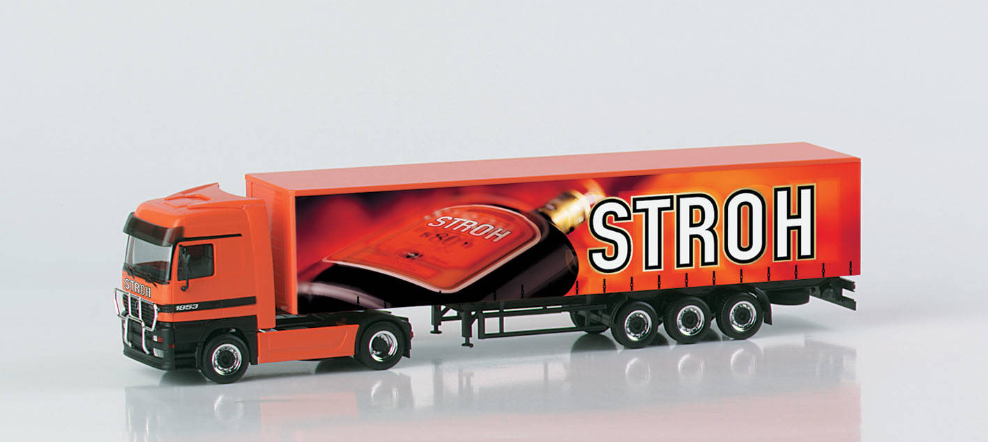 Mercedes-Benz Actros LH tarp curtain semitrailer "Stroh Rum"