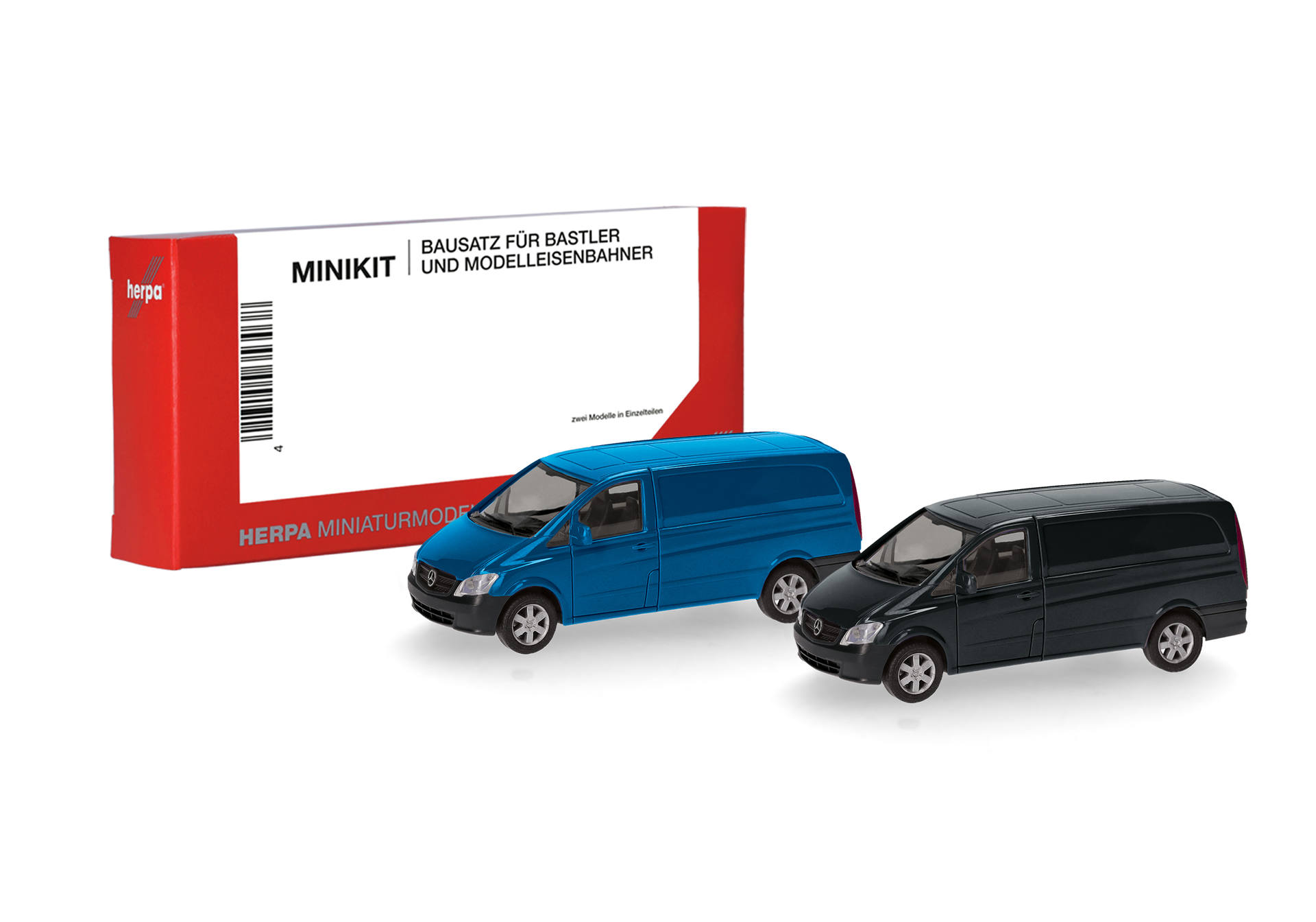 Herpa MiniKit: Mercedes-Benz Vito Kasten (W639 facelift / 2010), enzianblau und schwarz (2 Stück)
